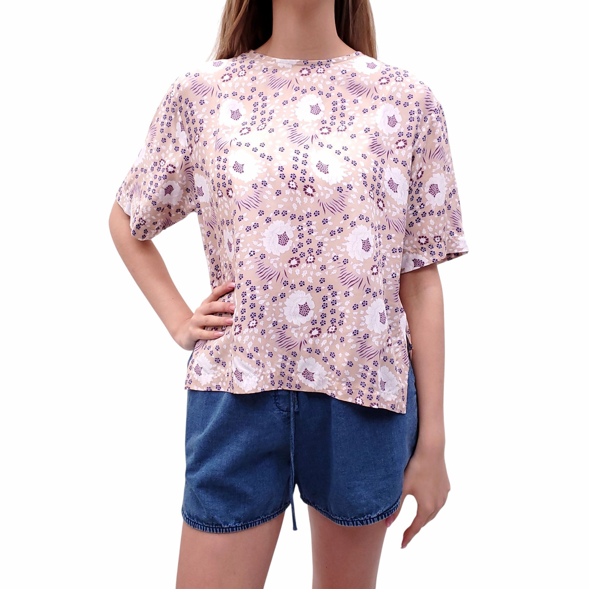 NATALIE MARTIN BLUSH PINK AND PURPLE FLORAL BLOUSE - SIZE S