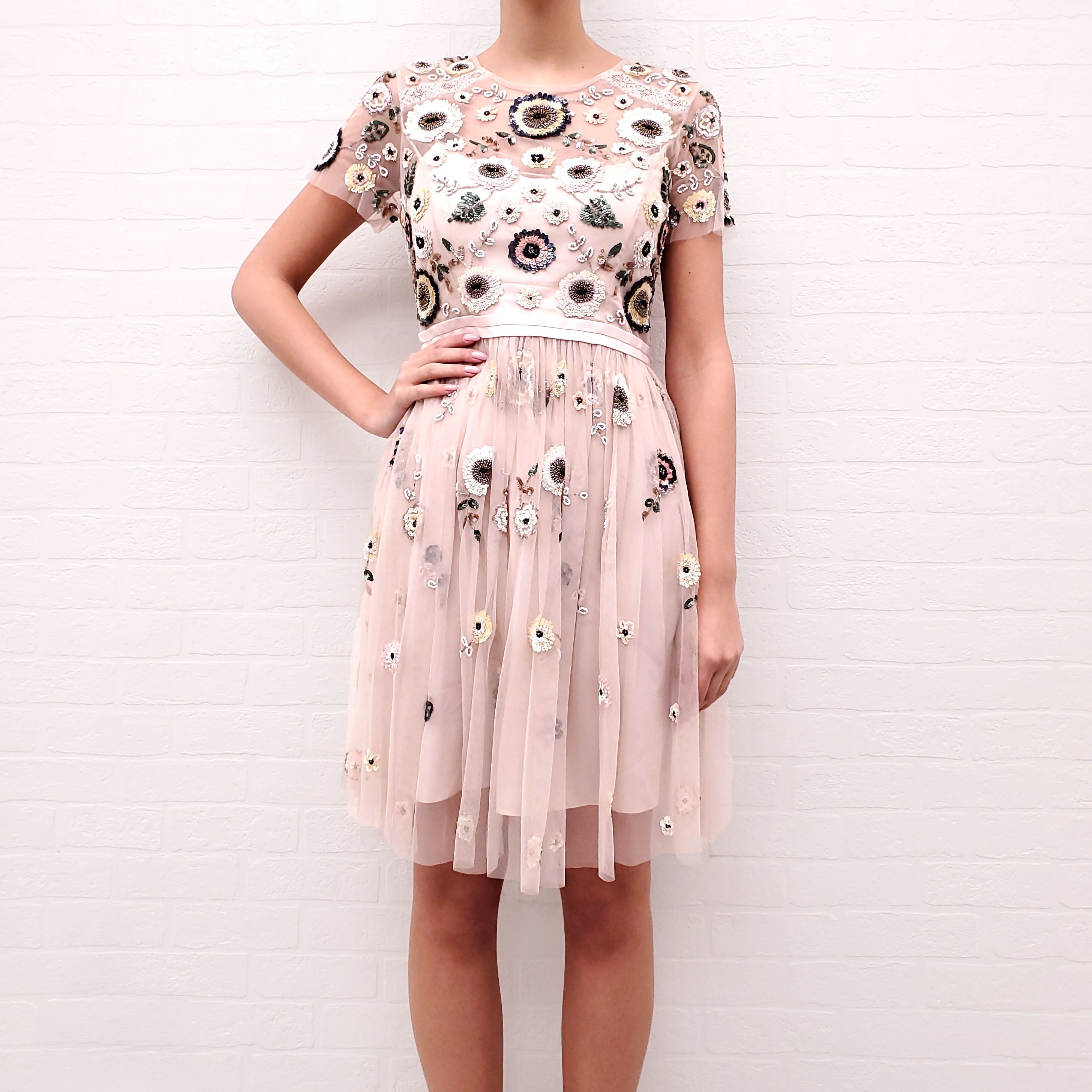 NEEDLE & THREAD FLORAL TULLE SEQUIN DRESS  - SIZE 8