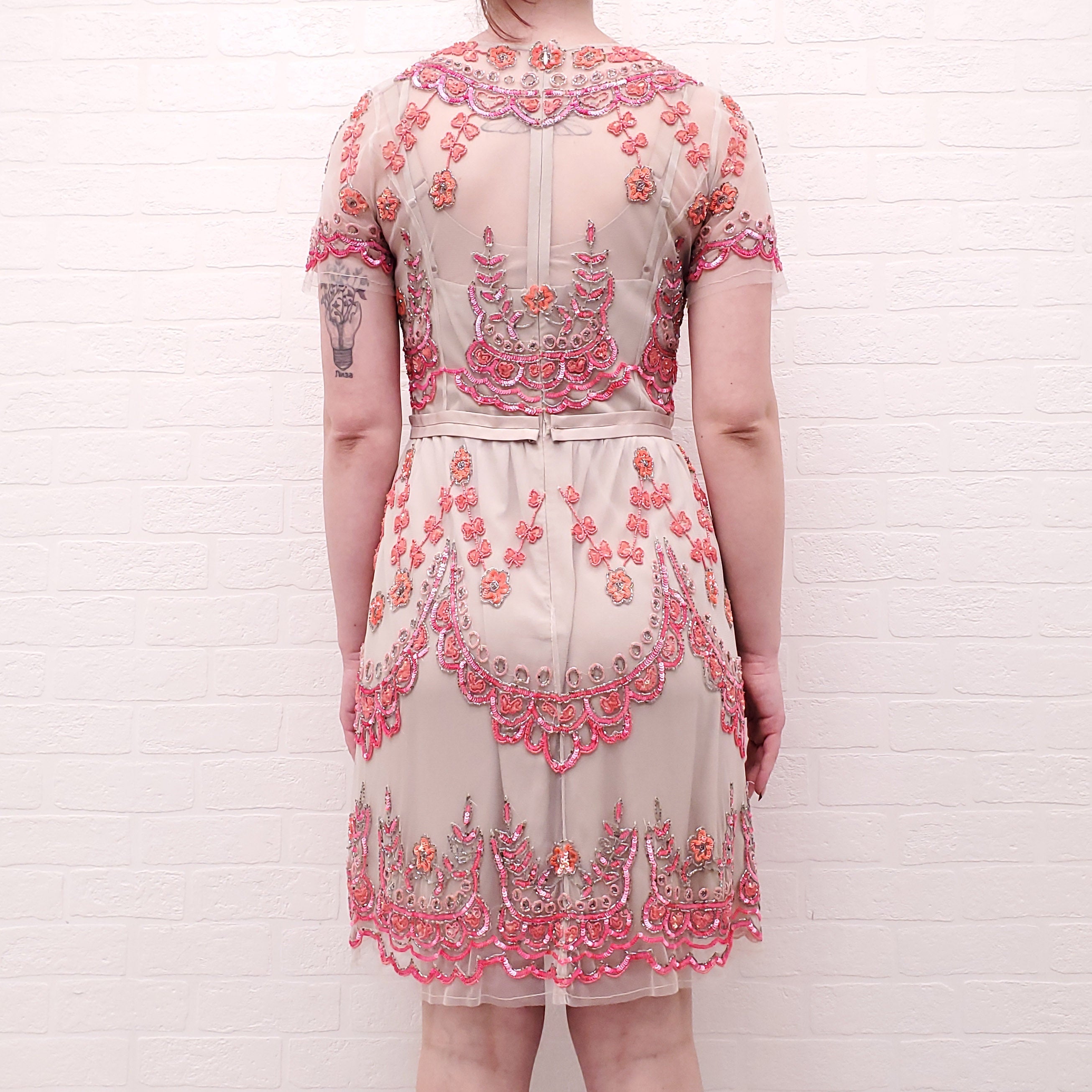 NEEDLE & THREAD PINK AND NUDE MESH SEQUIN DRESS - SIZE 8