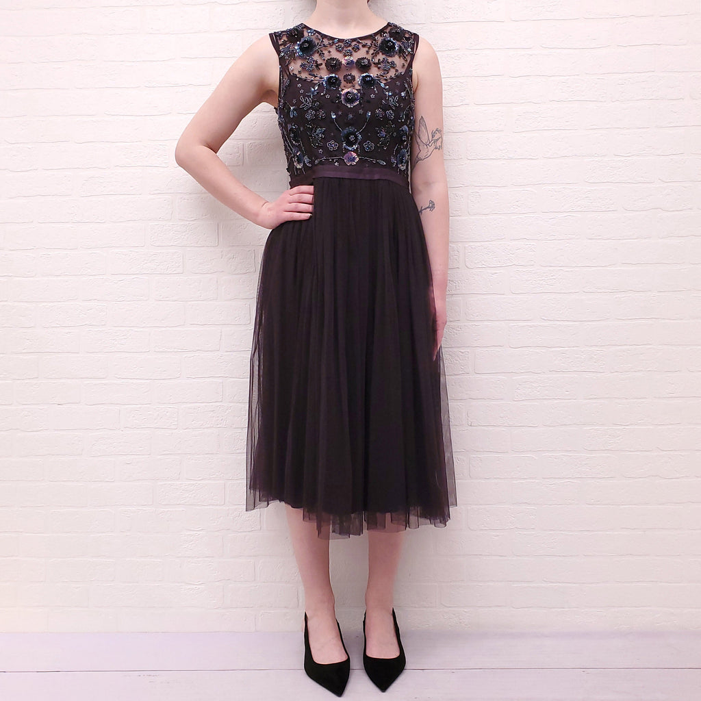 NEEDLE & THREAD PLUM FLORAL SEQUIN TULLE DRESS - SIZE 8