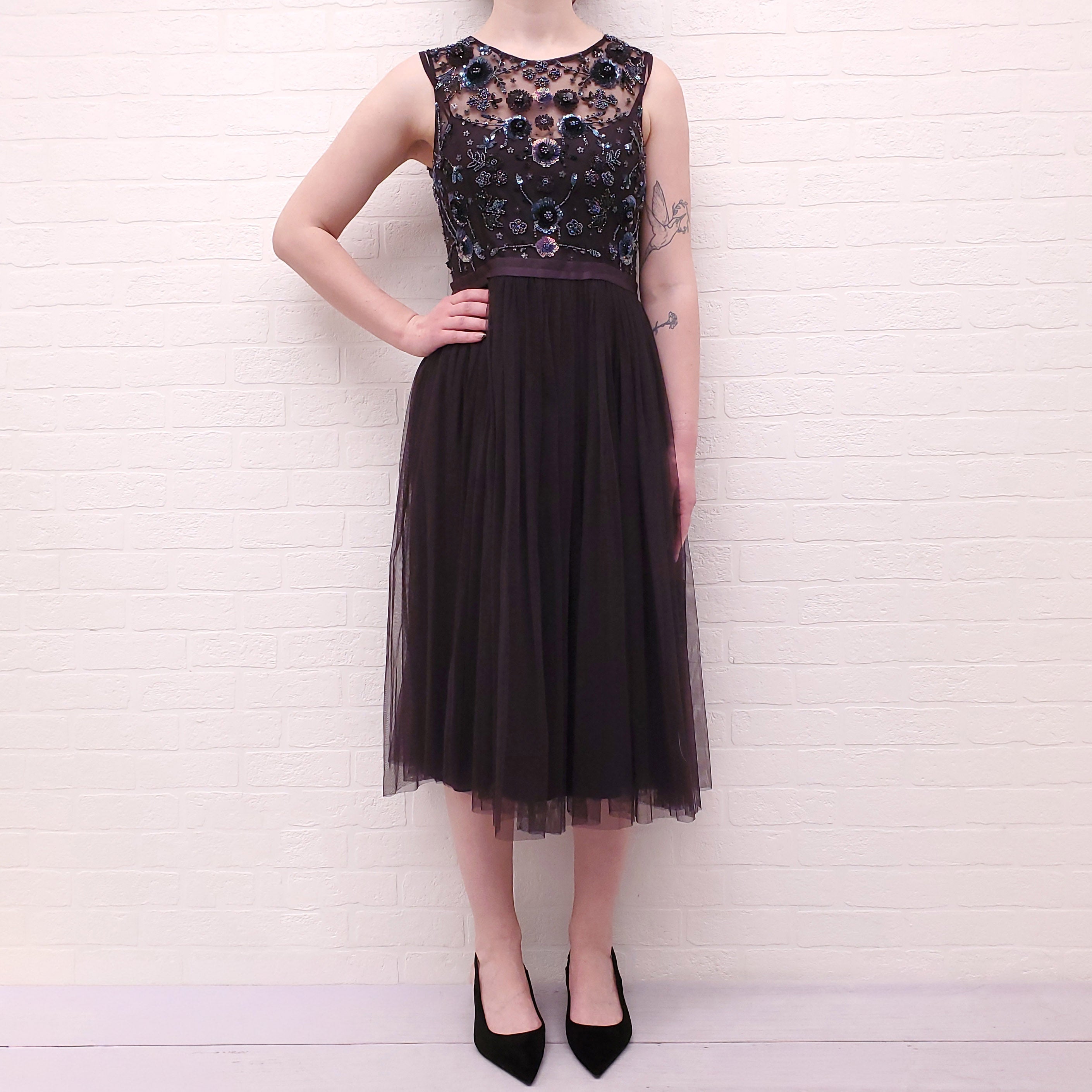 NEEDLE & THREAD PLUM FLORAL SEQUIN TULLE DRESS - SIZE 8