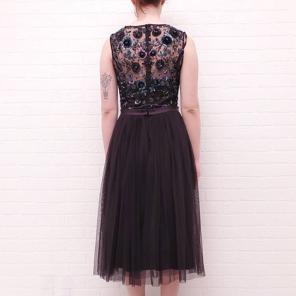 NEEDLE & THREAD PLUM FLORAL SEQUIN TULLE DRESS - SIZE 8