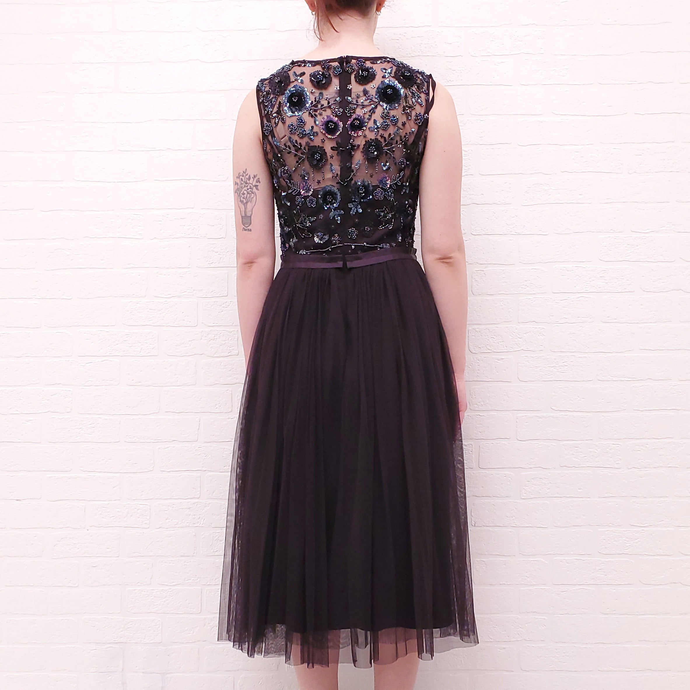 NEEDLE & THREAD PLUM FLORAL SEQUIN TULLE DRESS - SIZE 8