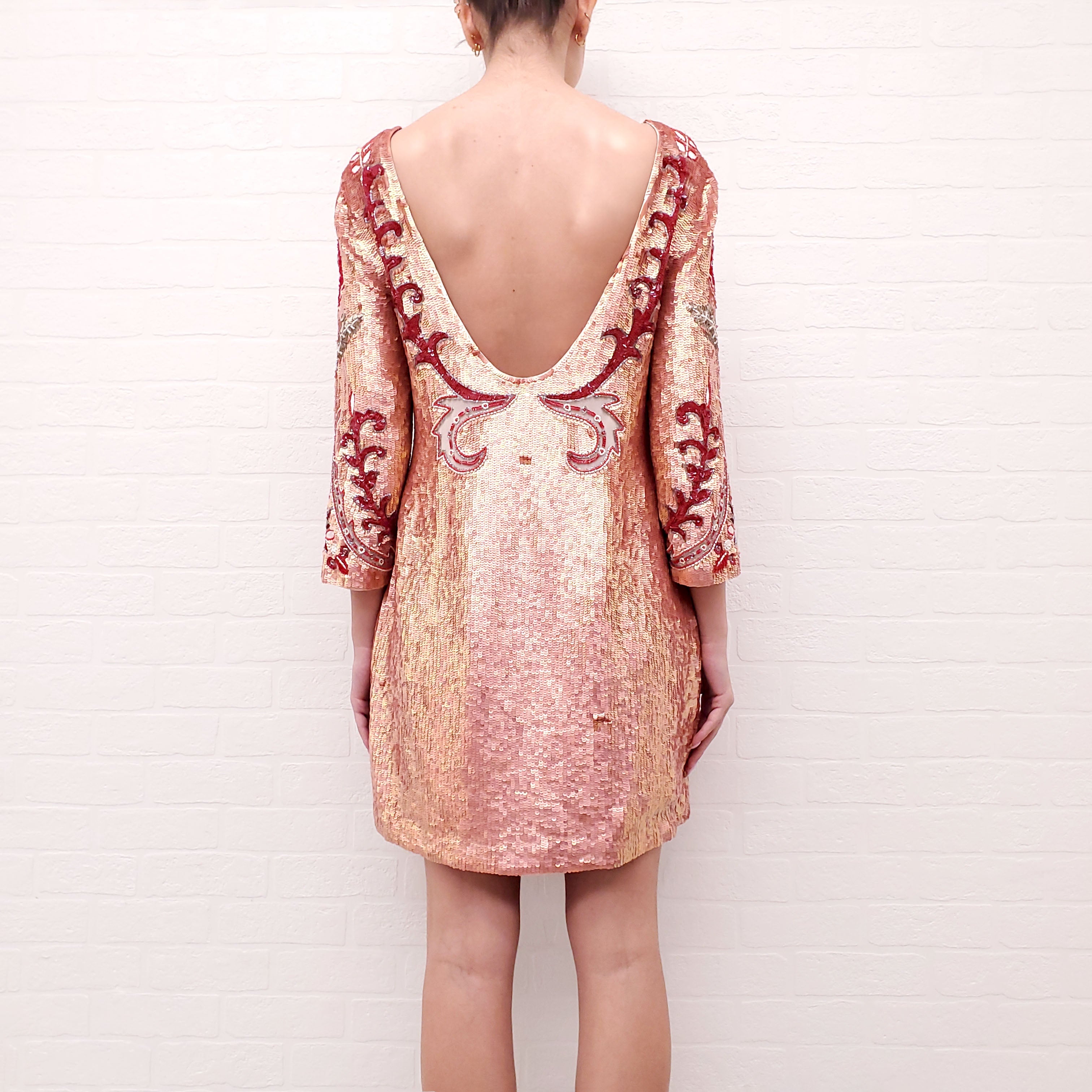 NEEDLE & THREAD ROSE GOLD & RED PATTERNED SEQUIN BEADED DRESS - SIZE 10