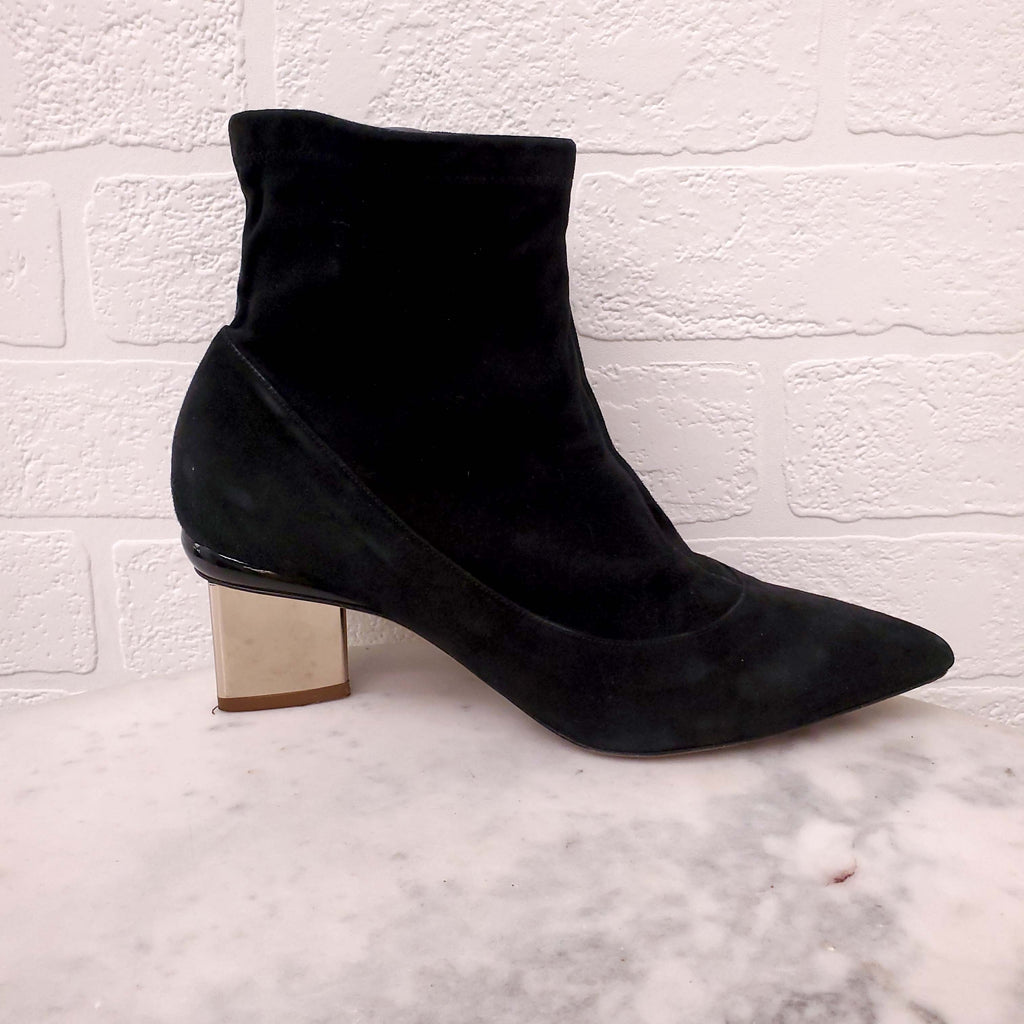 NICHOLAS KIRKWOOD BLACK SUEDE BOOTIES WITH METALLIC HEEL - SIZE 37.5