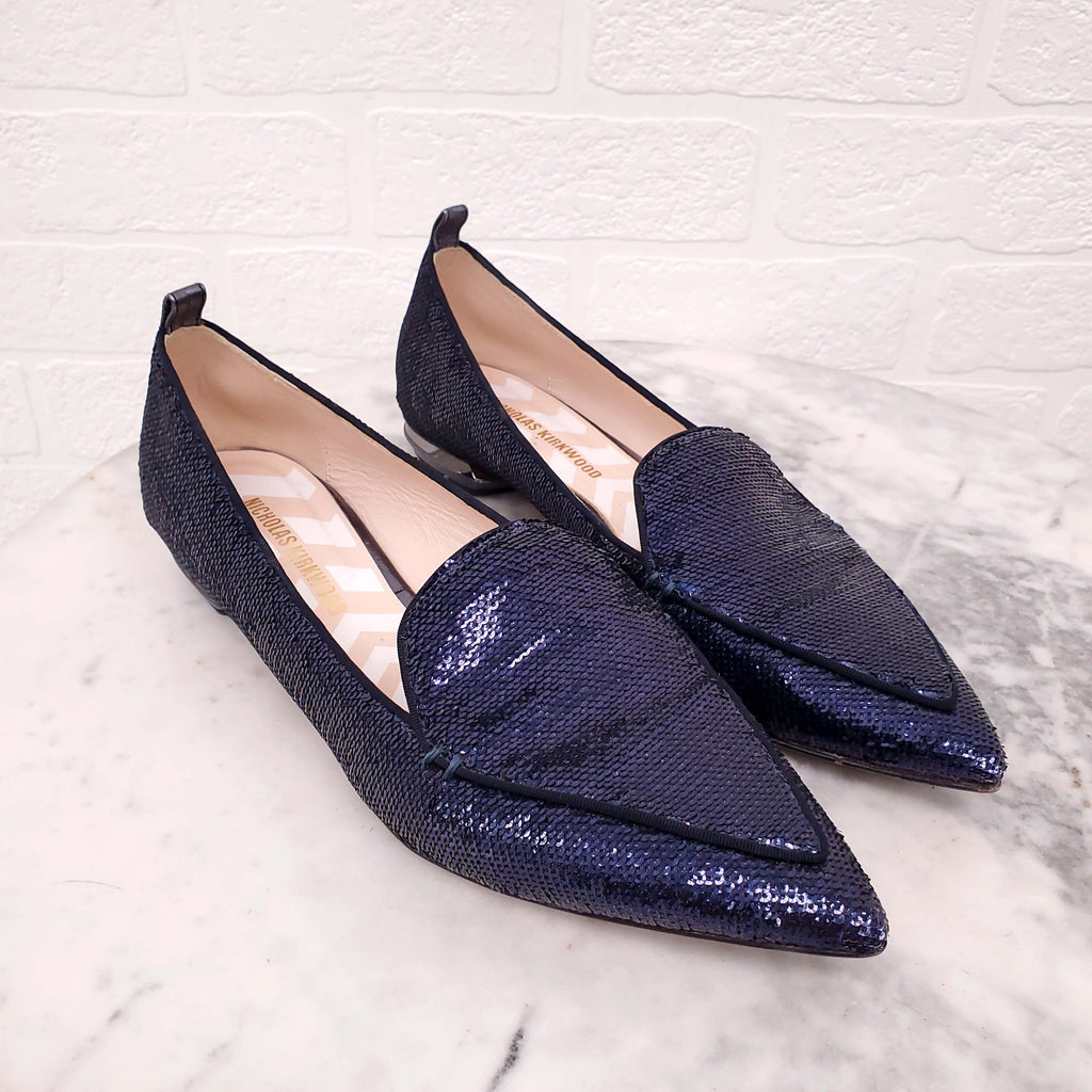 NICHOLAS KIRKWOOD NAVY SEQUIN FLATS - SIZE 39.5