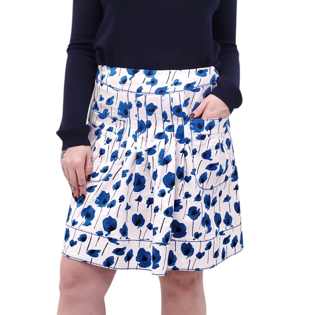 OSCAR DE LA RENTA CREAM AND BLUE FLORAL SKIRT - SIZE 10