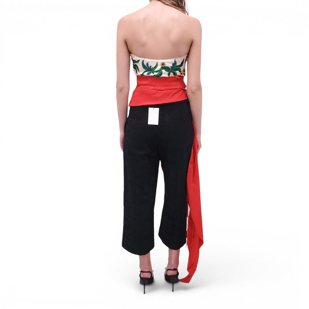 OSCAR DE LA RENTA DRAPED EMBELLISHED BUSTIER TOP WITH RED TIE DETAIL - SIZE 2