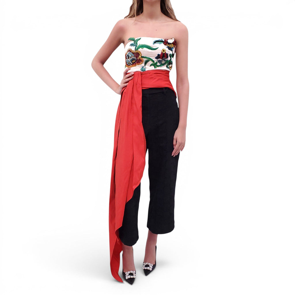 OSCAR DE LA RENTA DRAPED EMBELLISHED BUSTIER TOP WITH RED TIE DETAIL - SIZE 2