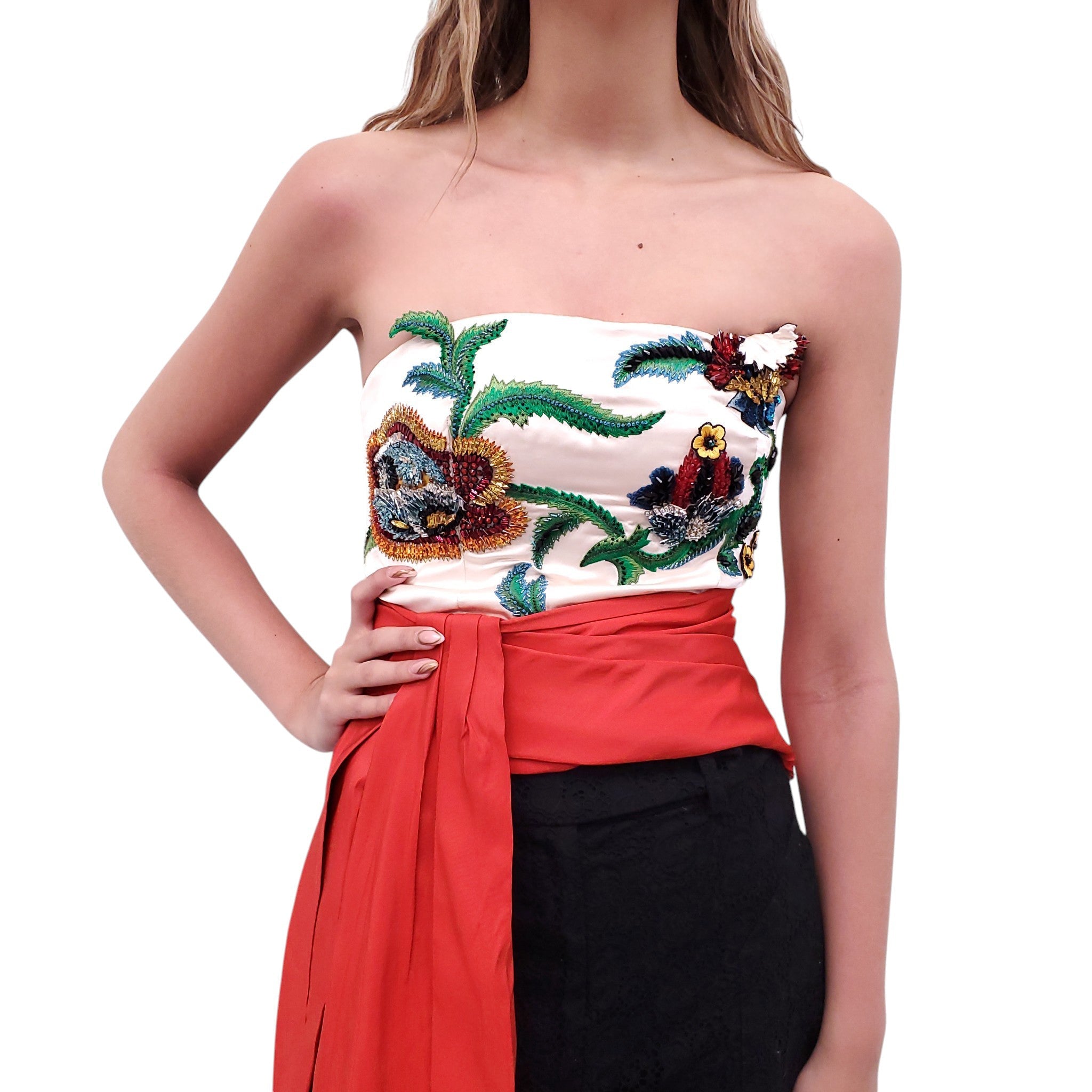OSCAR DE LA RENTA DRAPED EMBELLISHED BUSTIER TOP WITH RED TIE DETAIL - SIZE 2