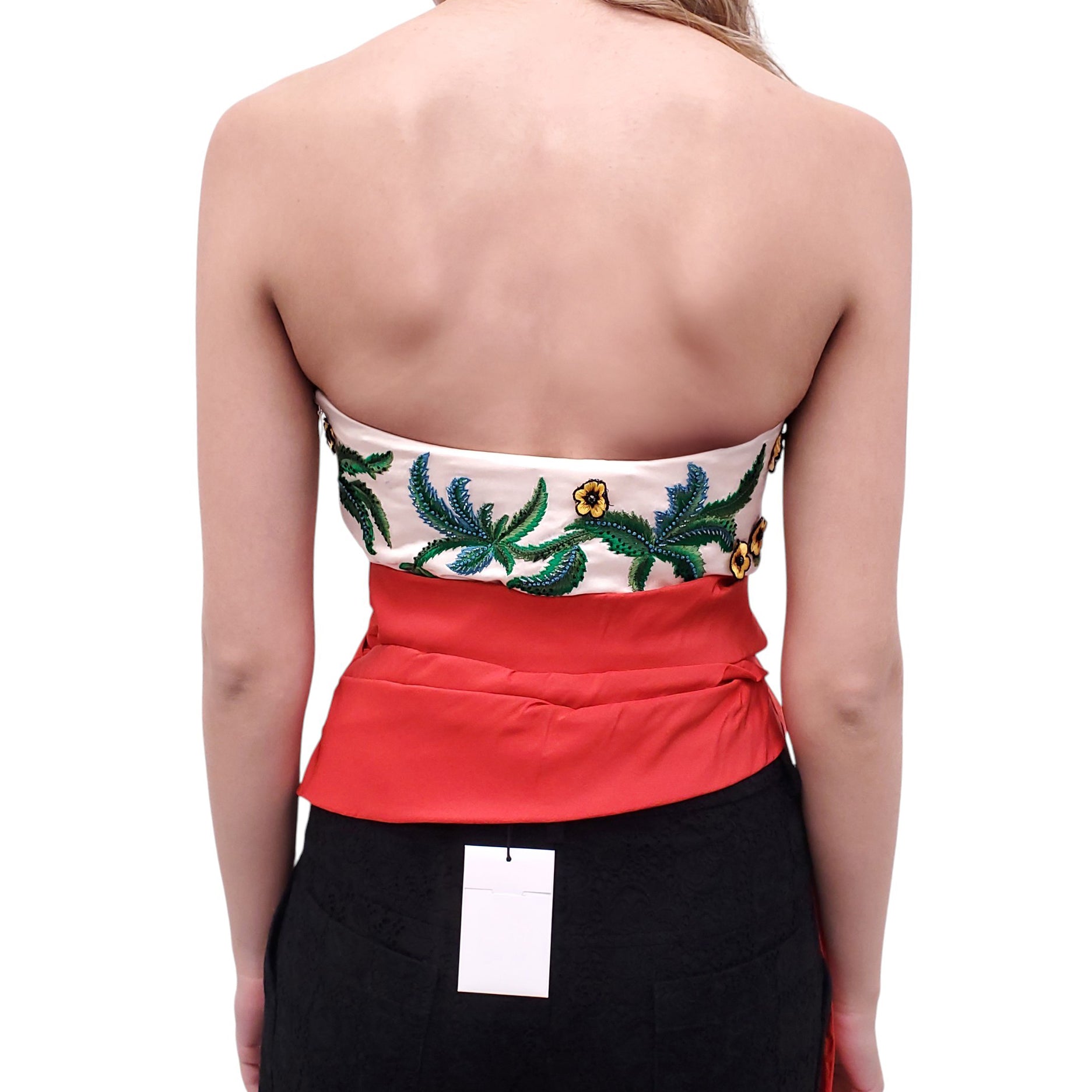 OSCAR DE LA RENTA DRAPED EMBELLISHED BUSTIER TOP WITH RED TIE DETAIL - SIZE 2