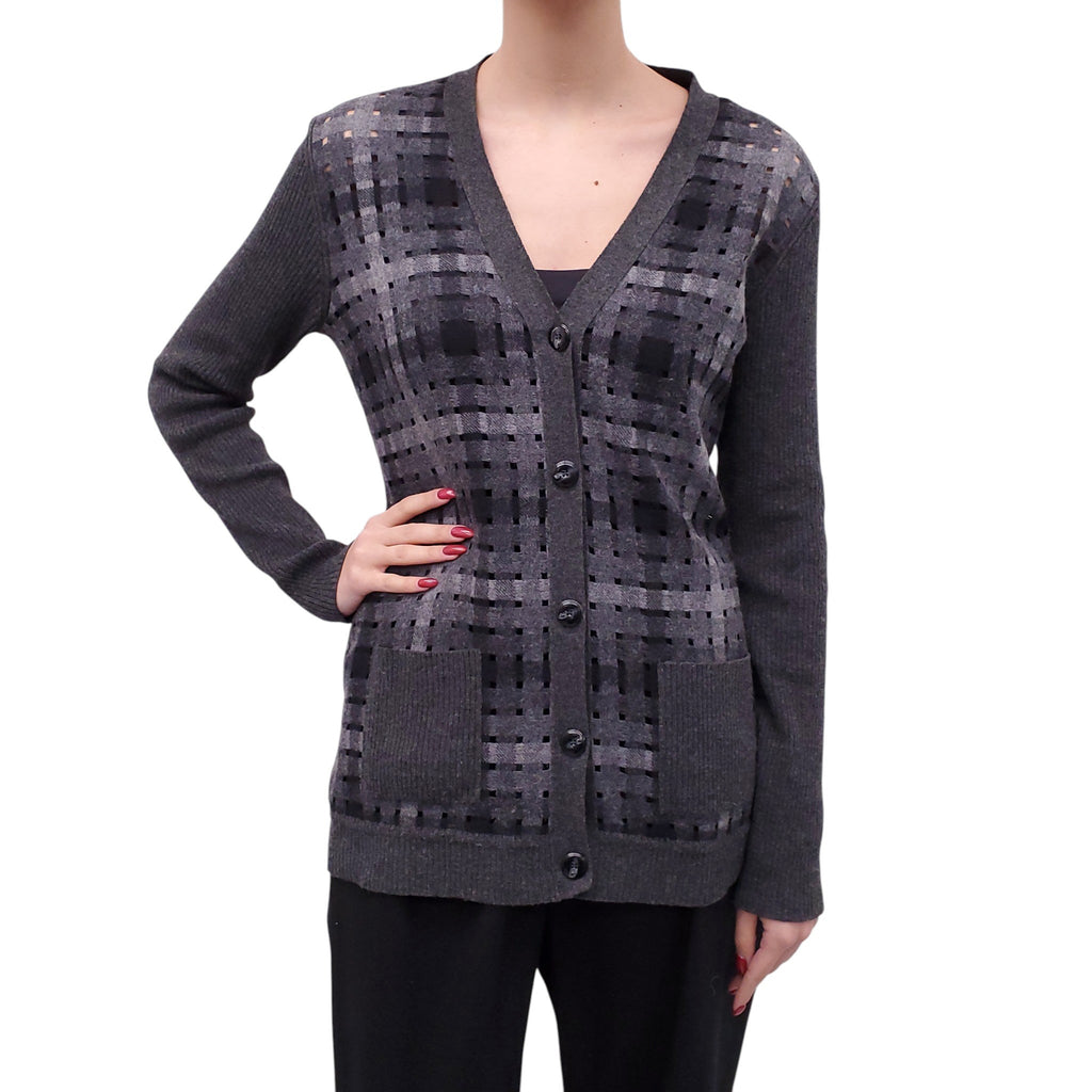 OSCAR DE LA RENTA GREY PLAID CUT OUT CARDIGAN - SIZE L