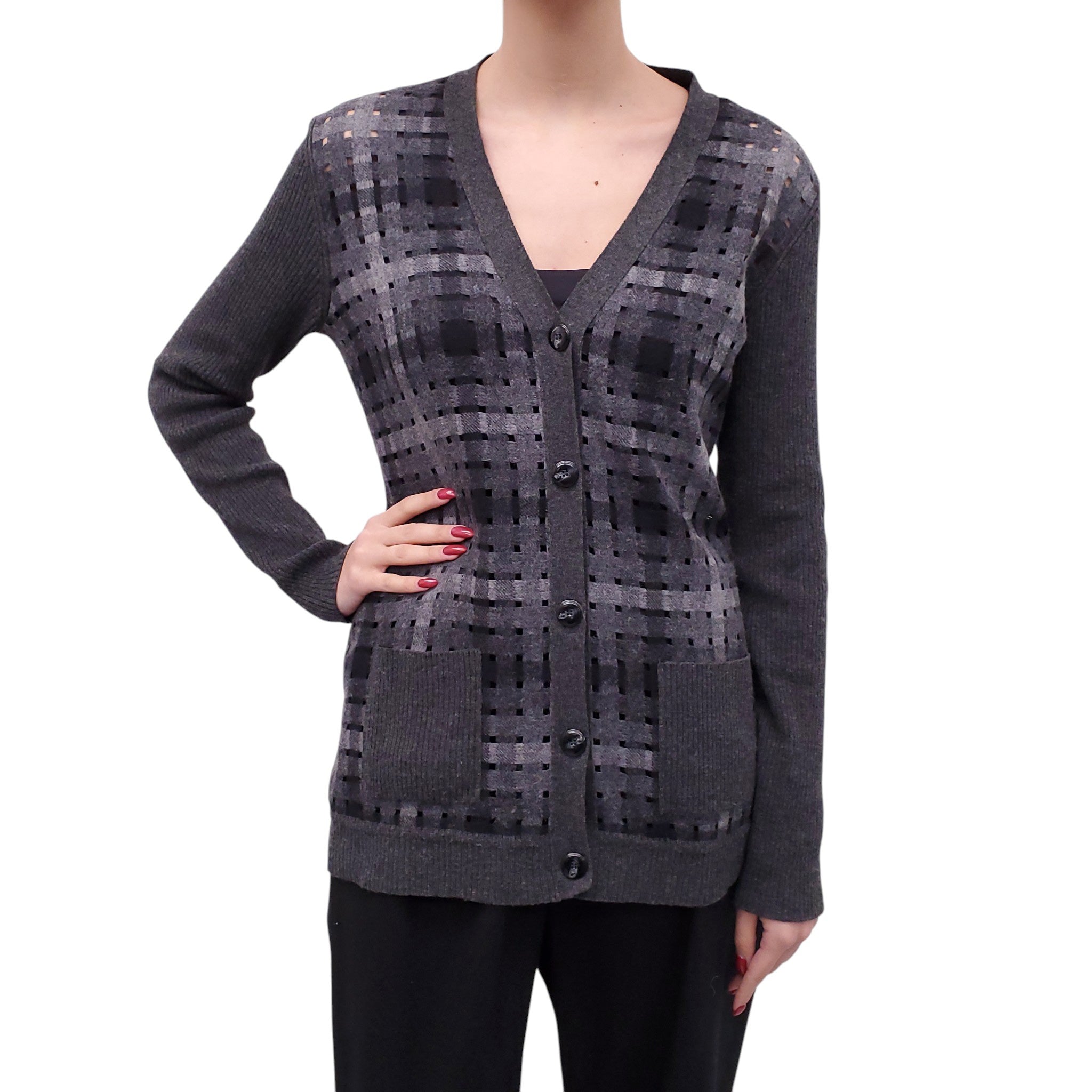 OSCAR DE LA RENTA GREY PLAID CUT OUT CARDIGAN - SIZE L