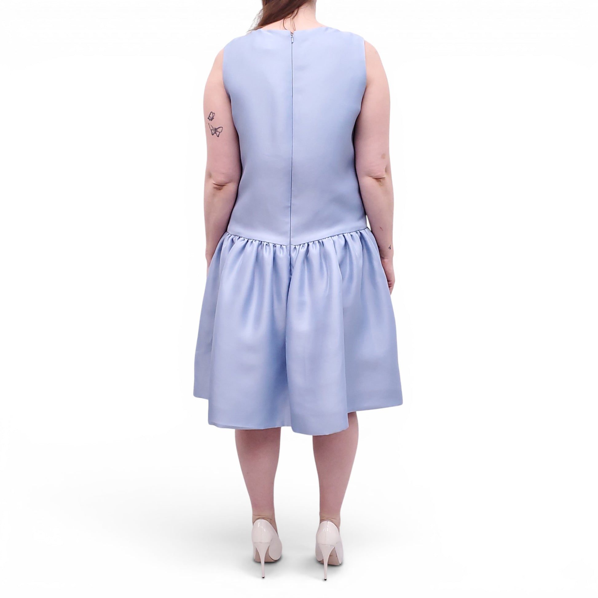 OSCAR DE LA RENTA LIGHT BLUE GATHERED DUCHESS SILK-SATIN GATHERED DROP WAIST DRESS - SIZE 12