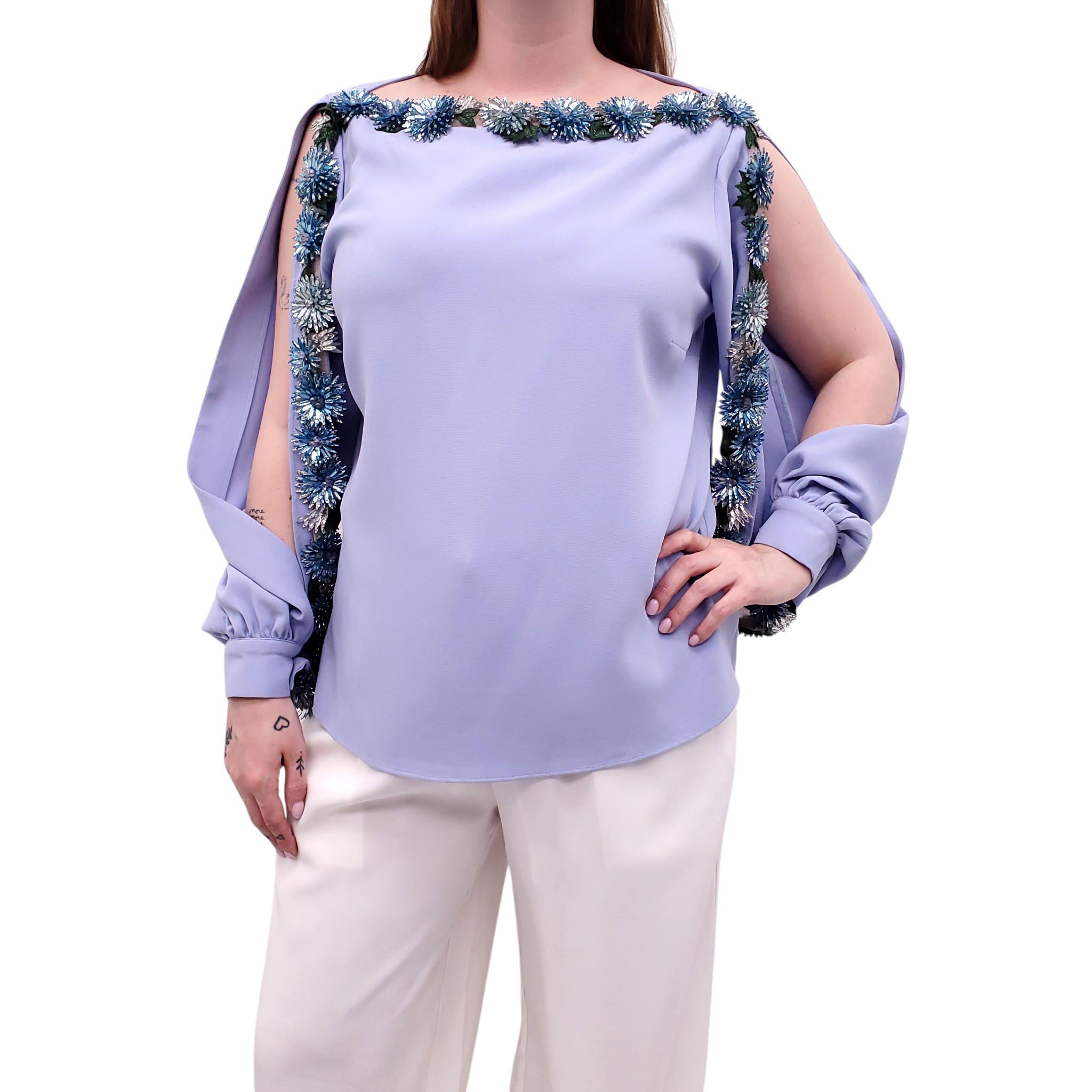 OSCAR DE LA RENTA LILAC FLORAL BEADED BLOUSE - SIZE 12
