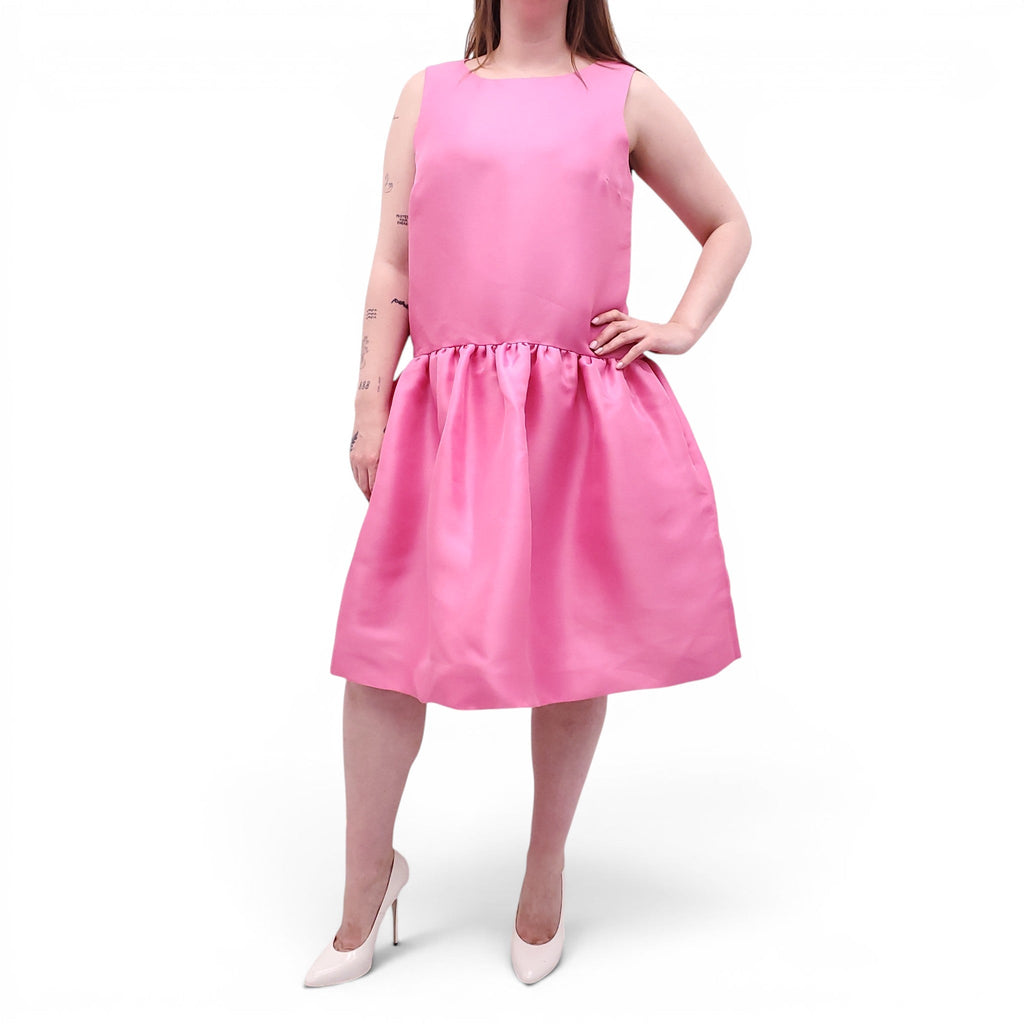OSCAR DE LA RENTA PINK GATHERED DUCHESS SILK-SATIN GATHERED DROP WAIST DRESS - SIZE 12