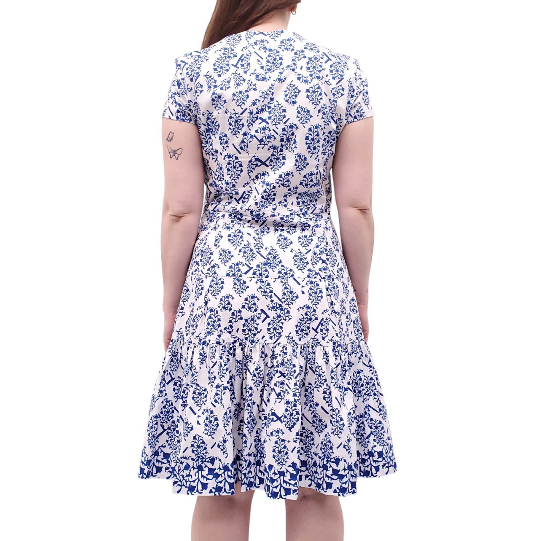 OSCAR DE LA RENTA WHITE AND BLUE COTTON FLORAL DRESS - SIZE 12