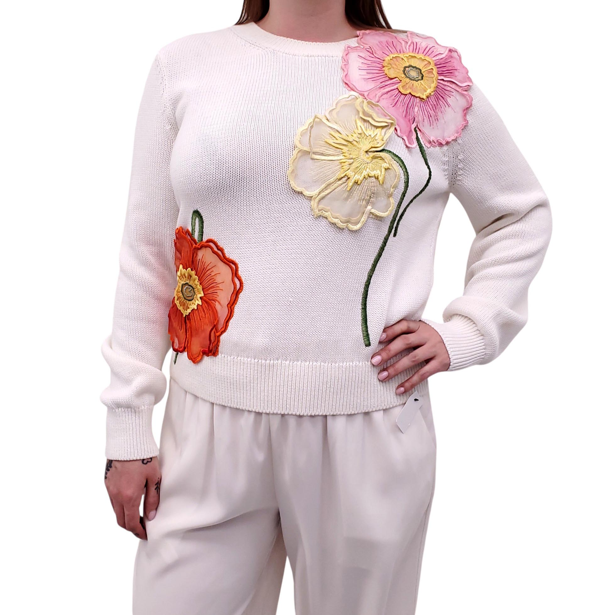 OSCAR DE LA RENTA PAINTED POPPIES-EMBROIDERED COTTON SWEATER - SIZE L