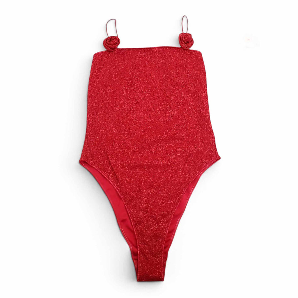 OSÉREE RED METALLIC ROSETTE ONE-PIECE SWIMSUIT - SIZE M