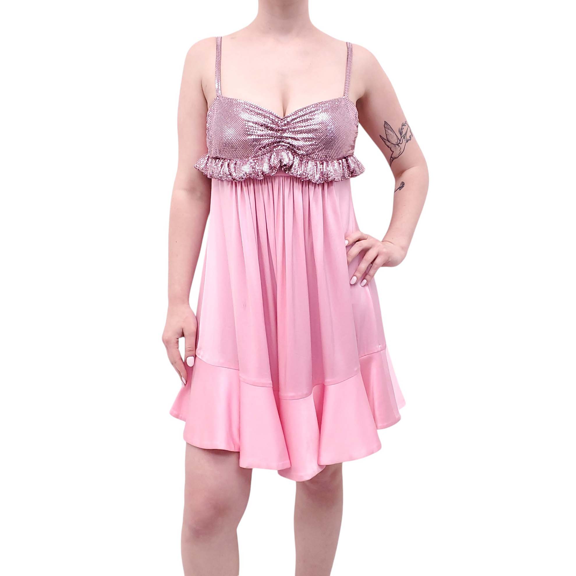 PACO RABANNE PINK PLEATED MINI DRESS WITH PIXEL CHAINMAIL DETAIL - SIZE 38