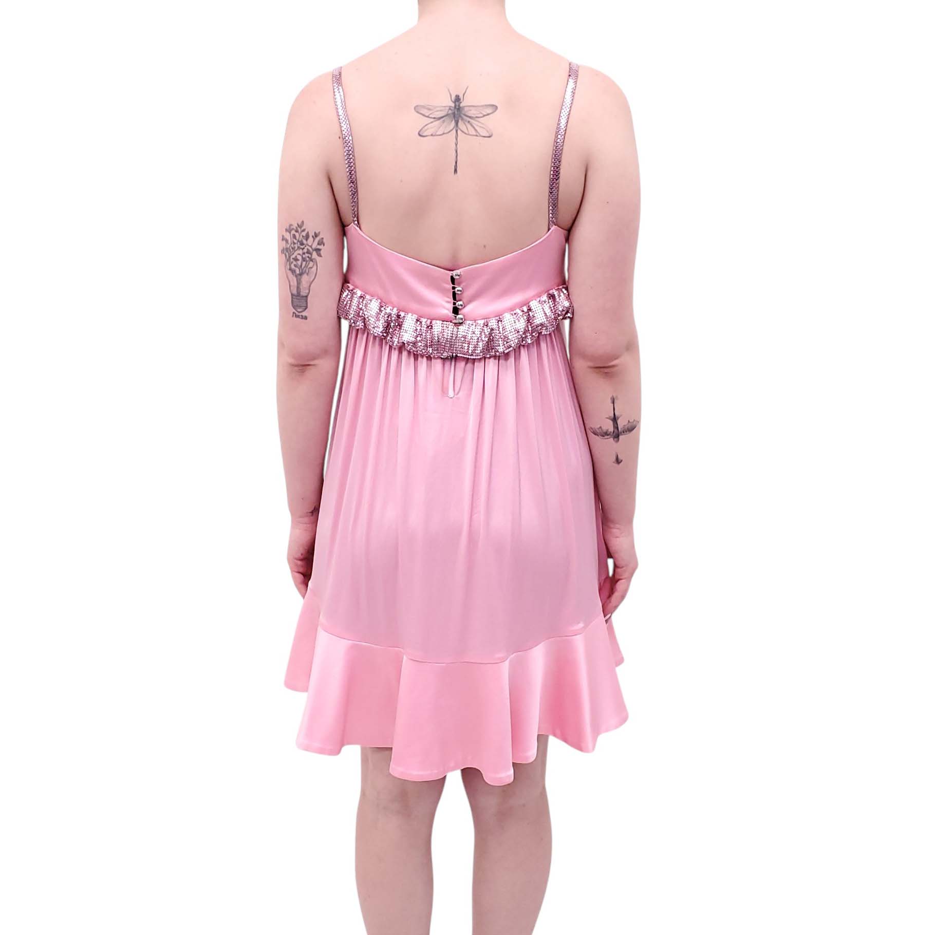 PACO RABANNE PINK PLEATED MINI DRESS WITH PIXEL CHAINMAIL DETAIL - SIZE 38