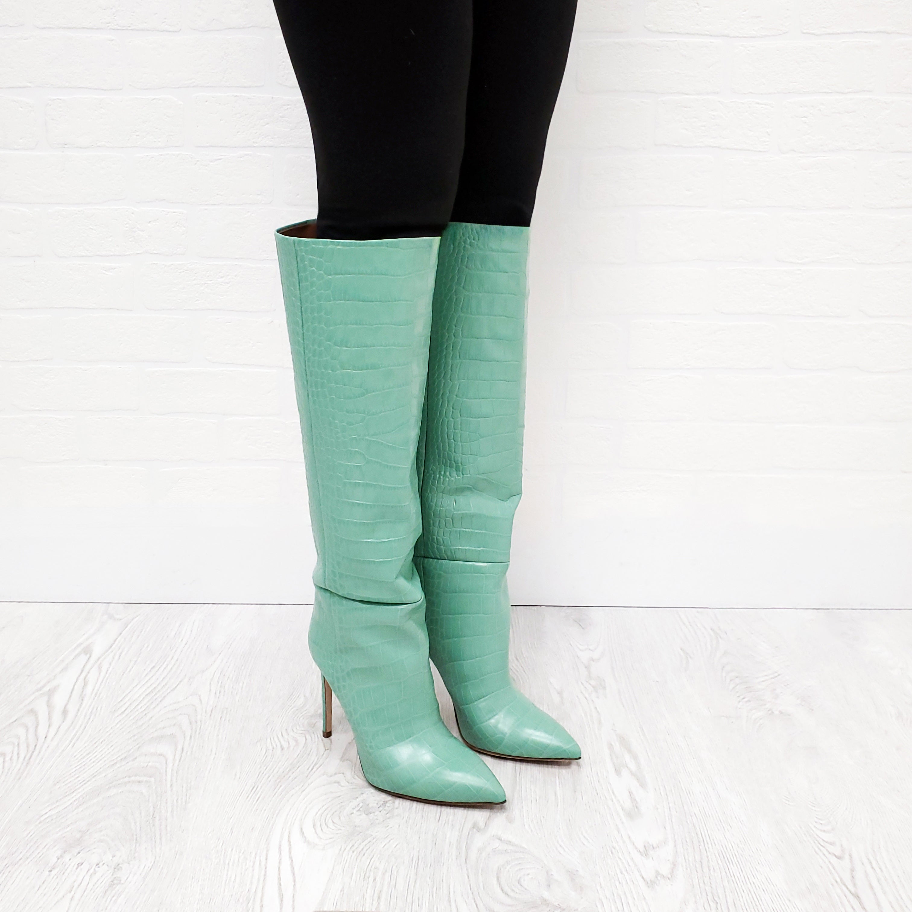 PARIS TEXAS MINT CROCODILE PRINT LEATHER BOOTS - SIZE 37.5