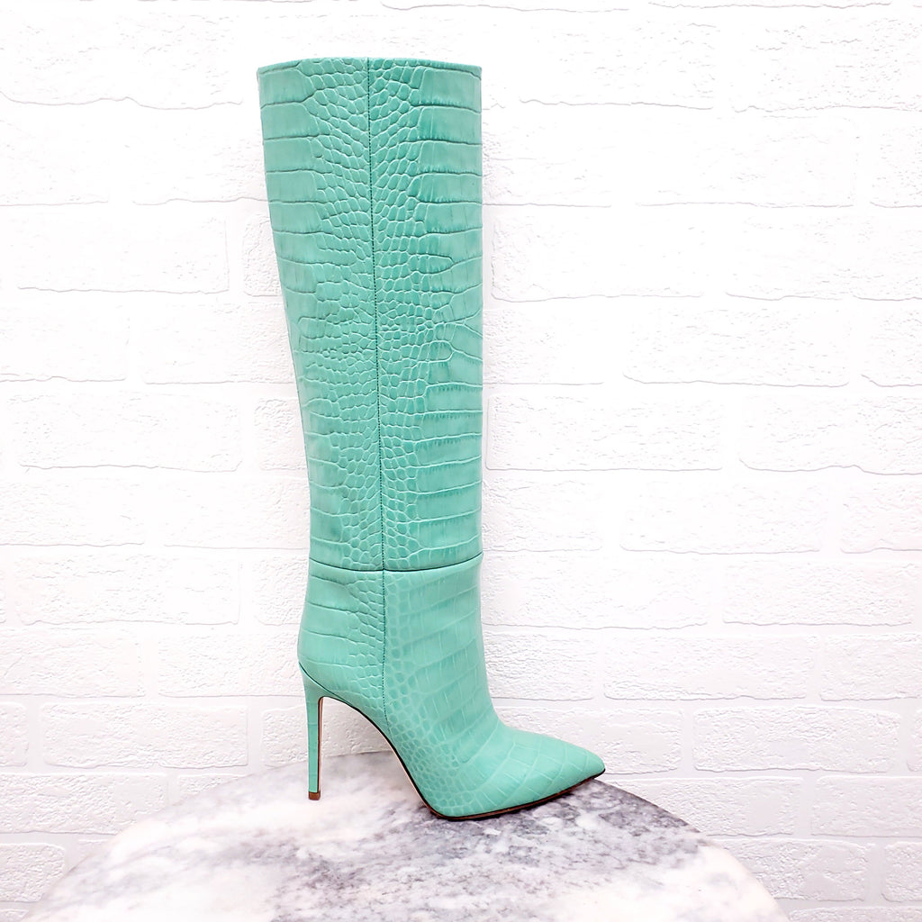 PARIS TEXAS MINT CROCODILE PRINT LEATHER BOOTS - SIZE 37.5