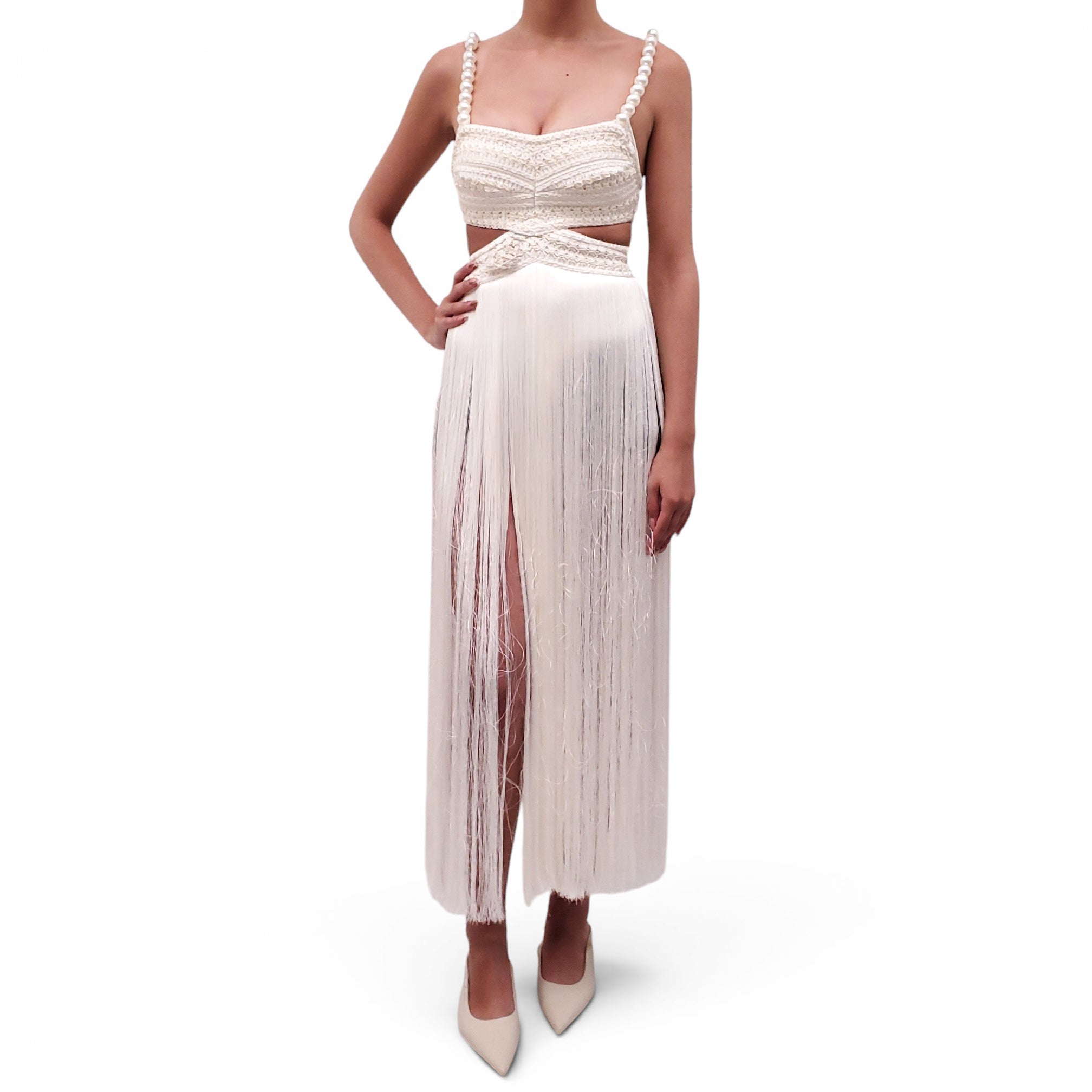 PATBO WHITE FRINGE BEACH DRESS WITH BEADED STRAPS - SIZE 0