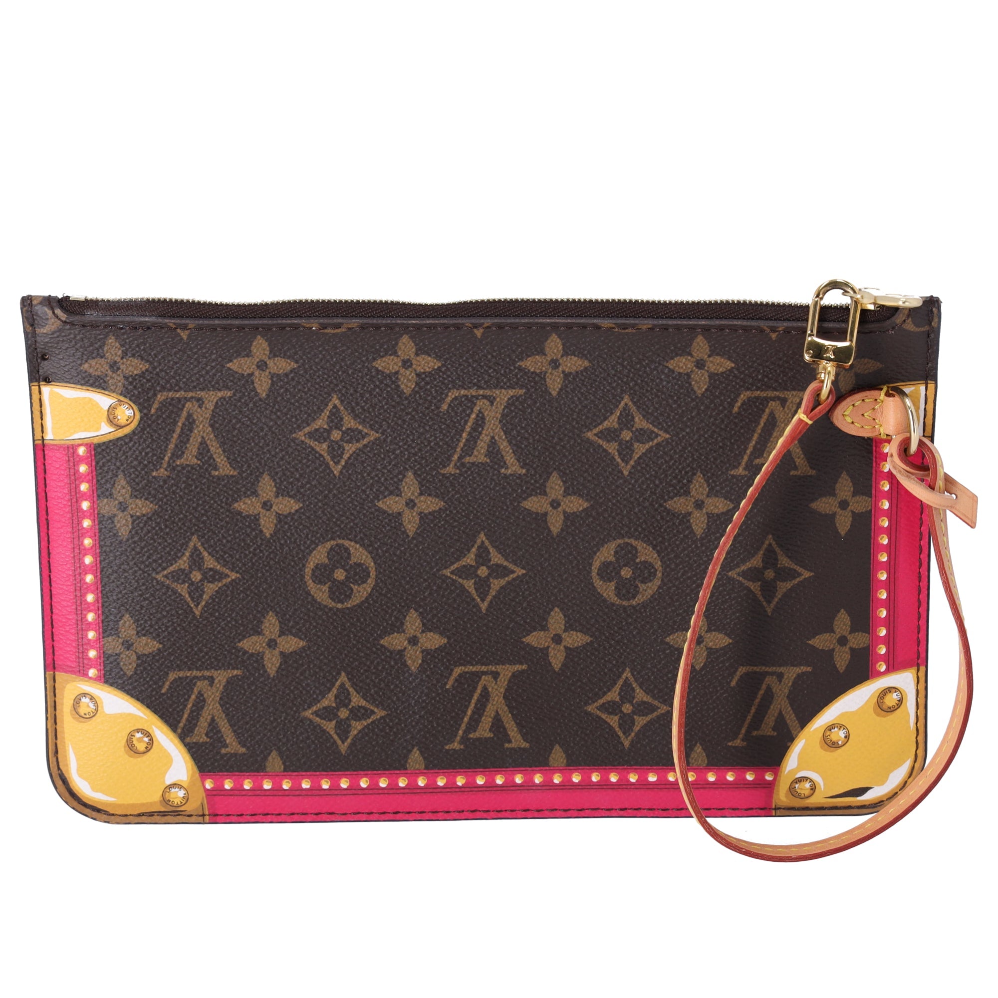 Louis Vuitton Summer Trunk Monogram Neverfull Pouch Wristlet Brown Pink