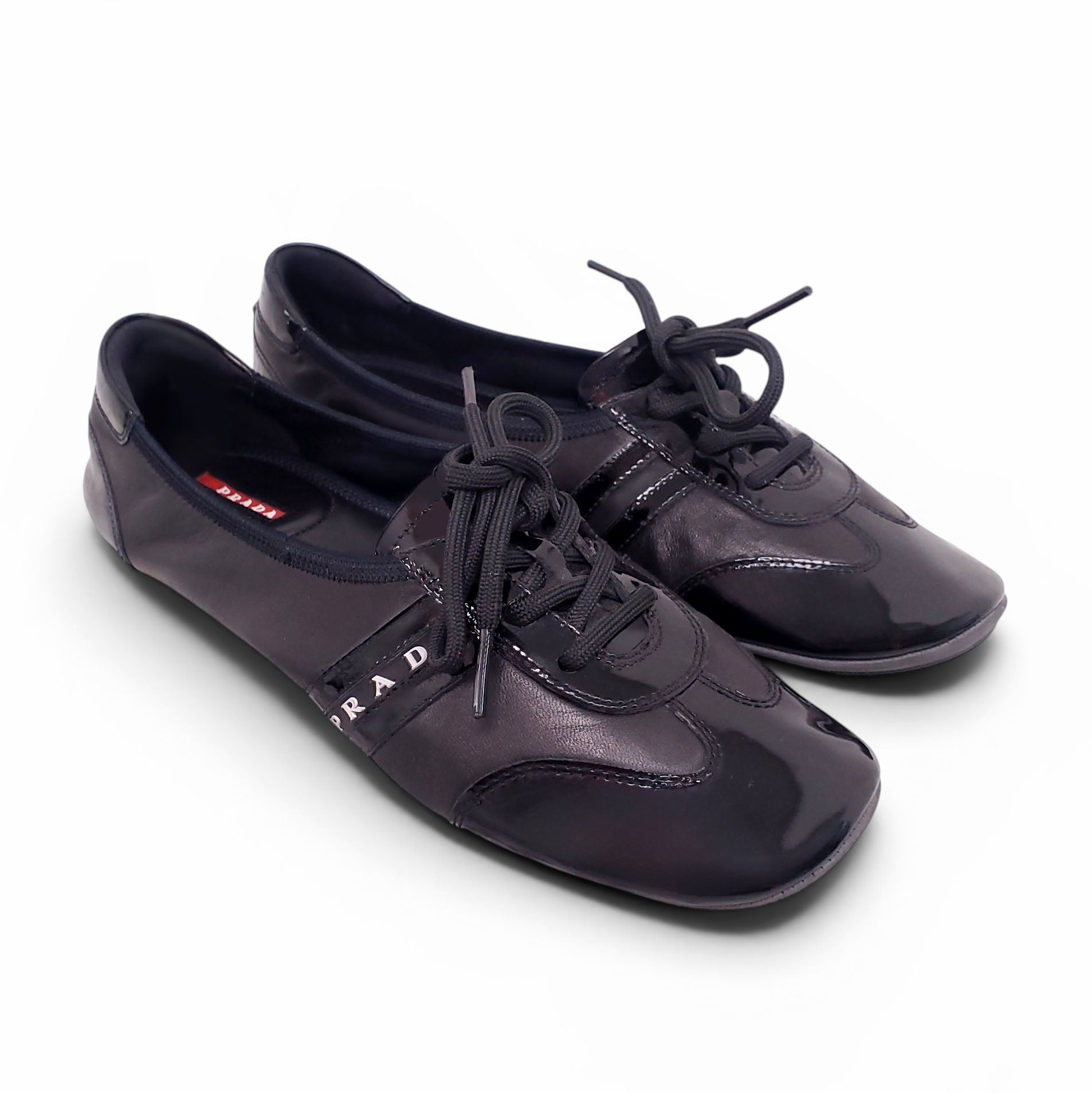 PRADA BLACK PATENT LOGO SCRUNCH SNEAKERS - SIZE 40