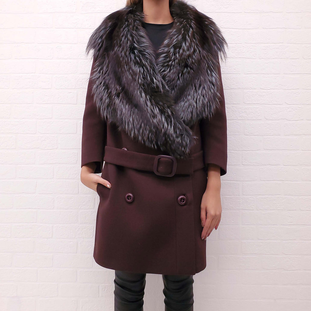 PRADA BURGUNDY COAT WITH FOX FUR COLLAR - SIZE 42