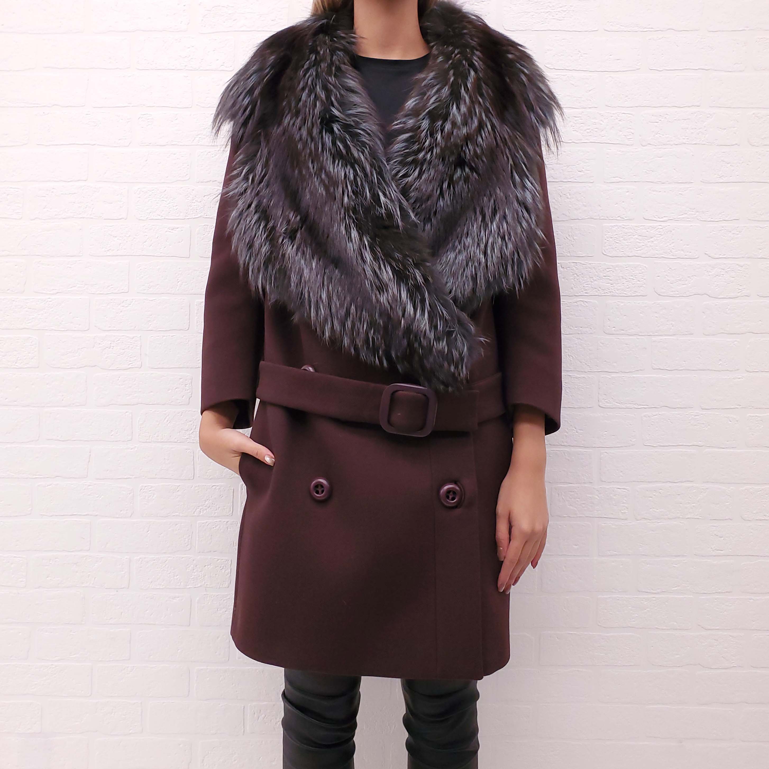PRADA BURGUNDY COAT WITH FOX FUR COLLAR - SIZE 42