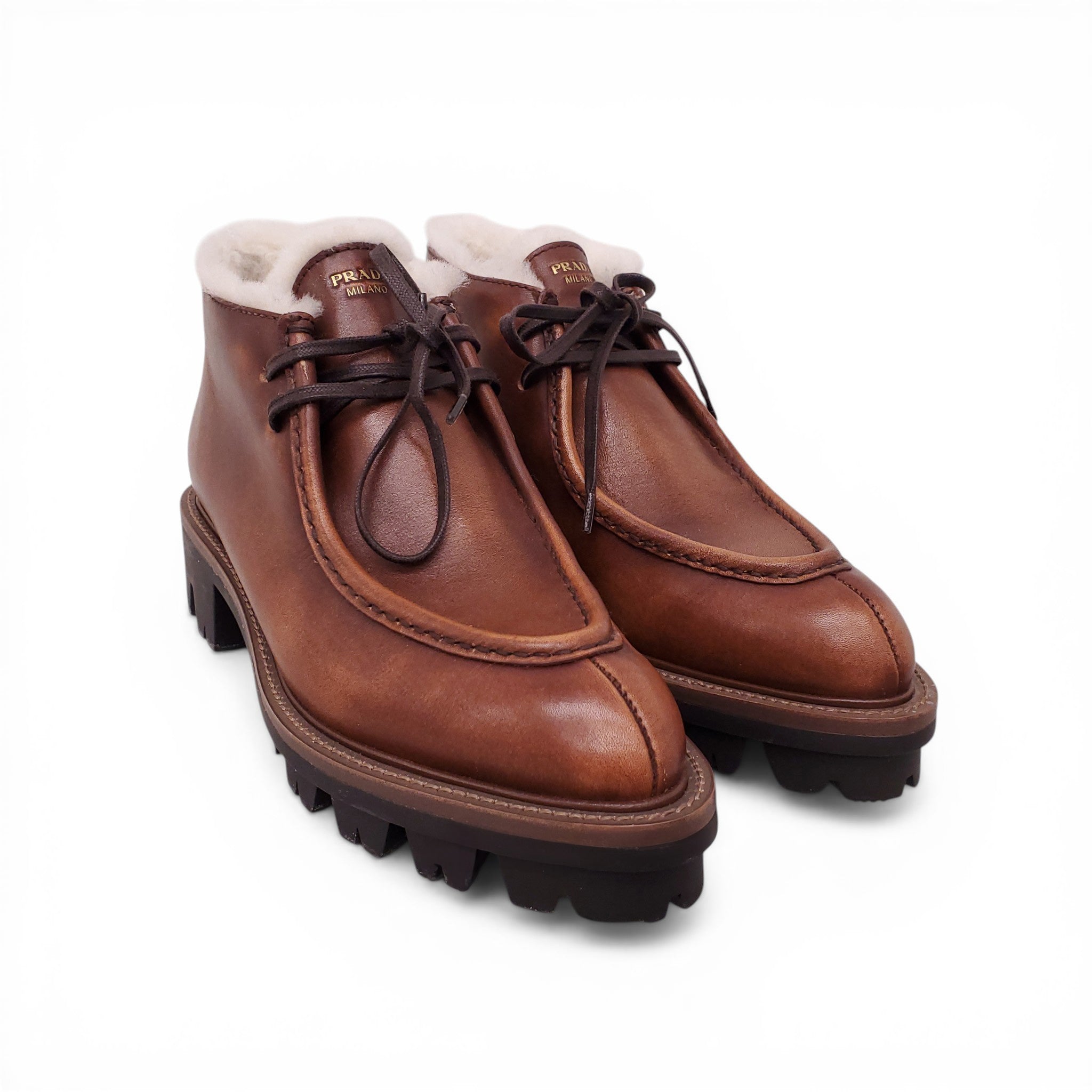 PRADA LACE UP ANKLE BOOTS WITH LOGO AND SHEARLING INTERIOR - SIZE 36