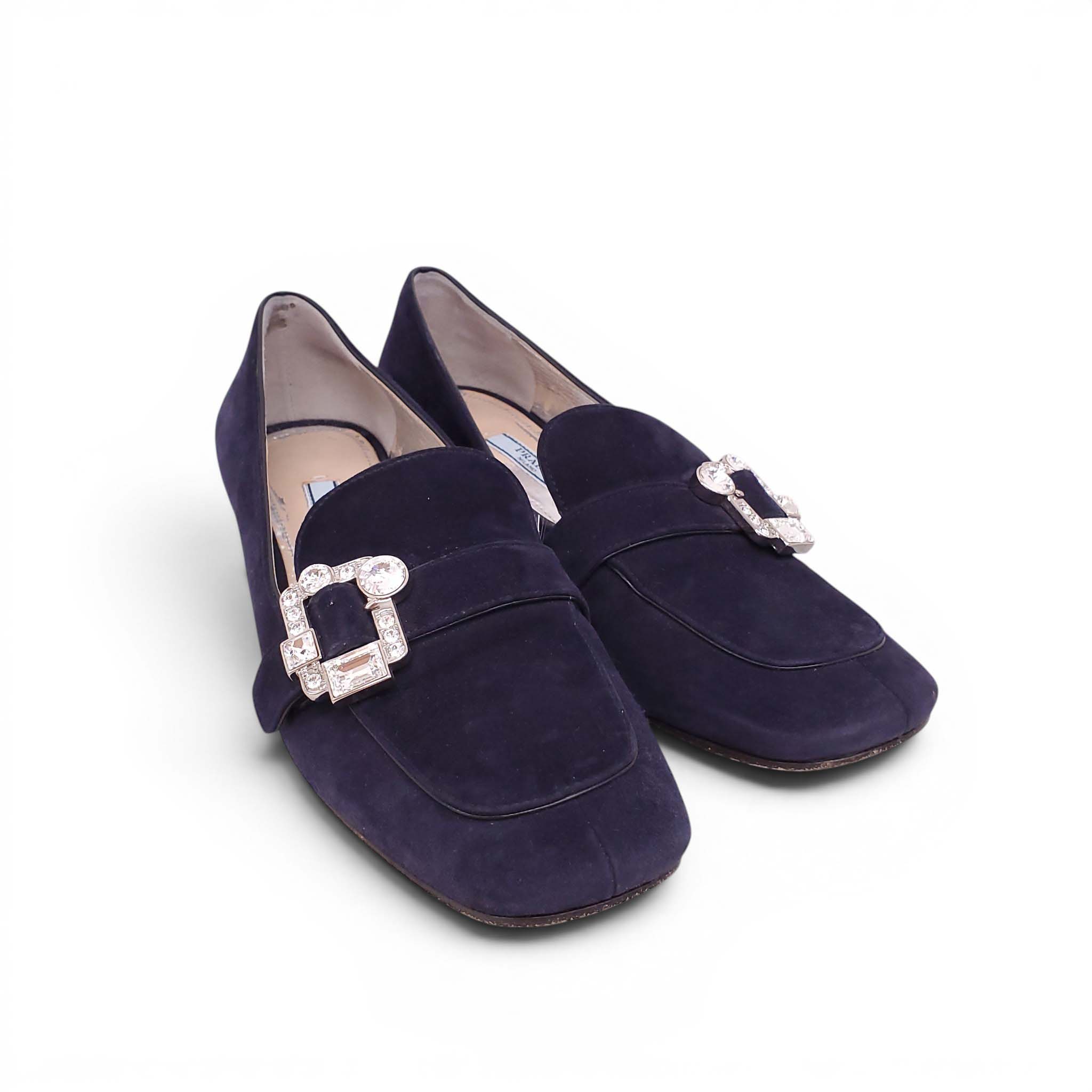PRADA NAVY CRYSTAL SUEDE LOAFERS WITH CRYSTAL - SIZE 38