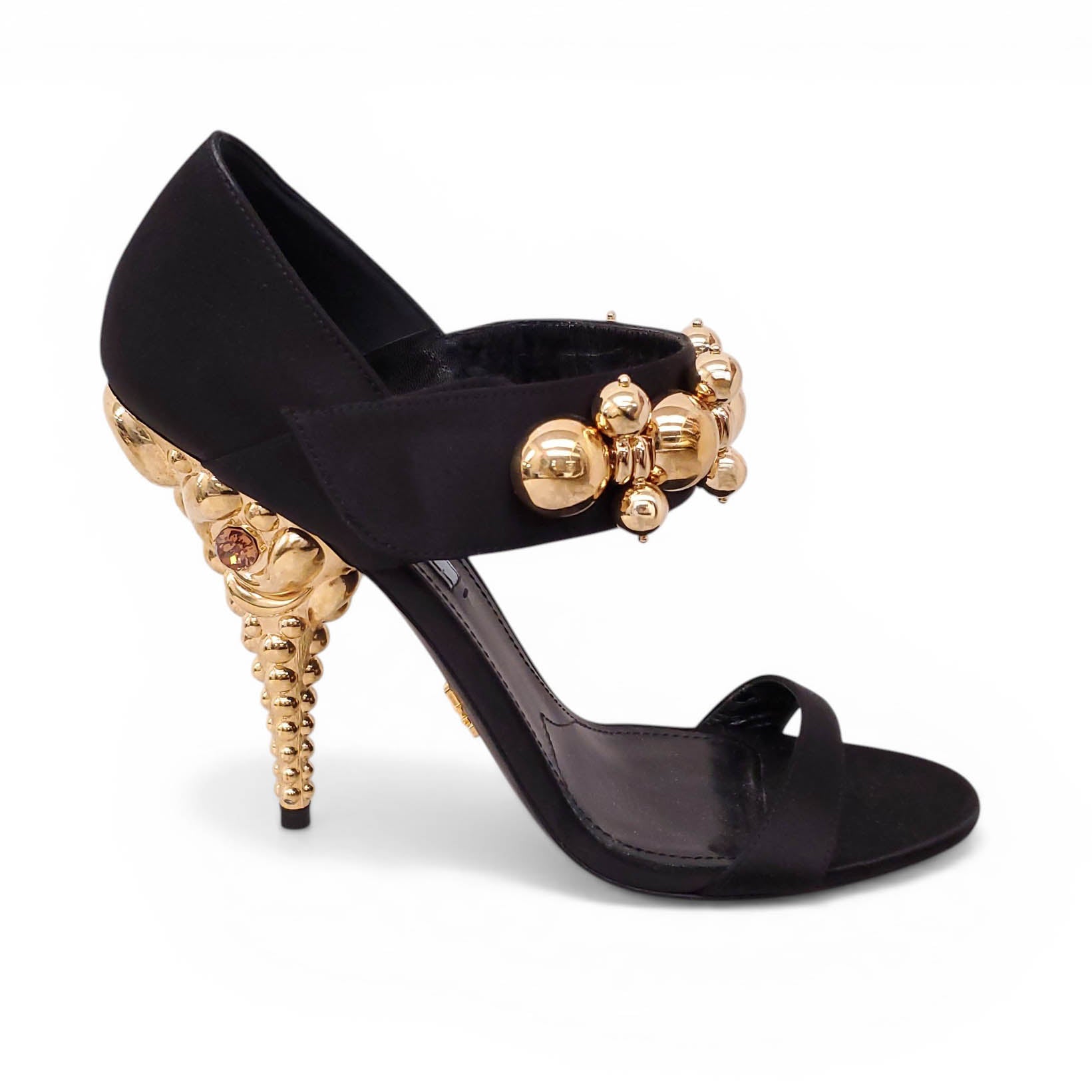 PRADA RUNWAY BLACK SATIN HEELS WITH GOLD DETAILS - SIZE 39