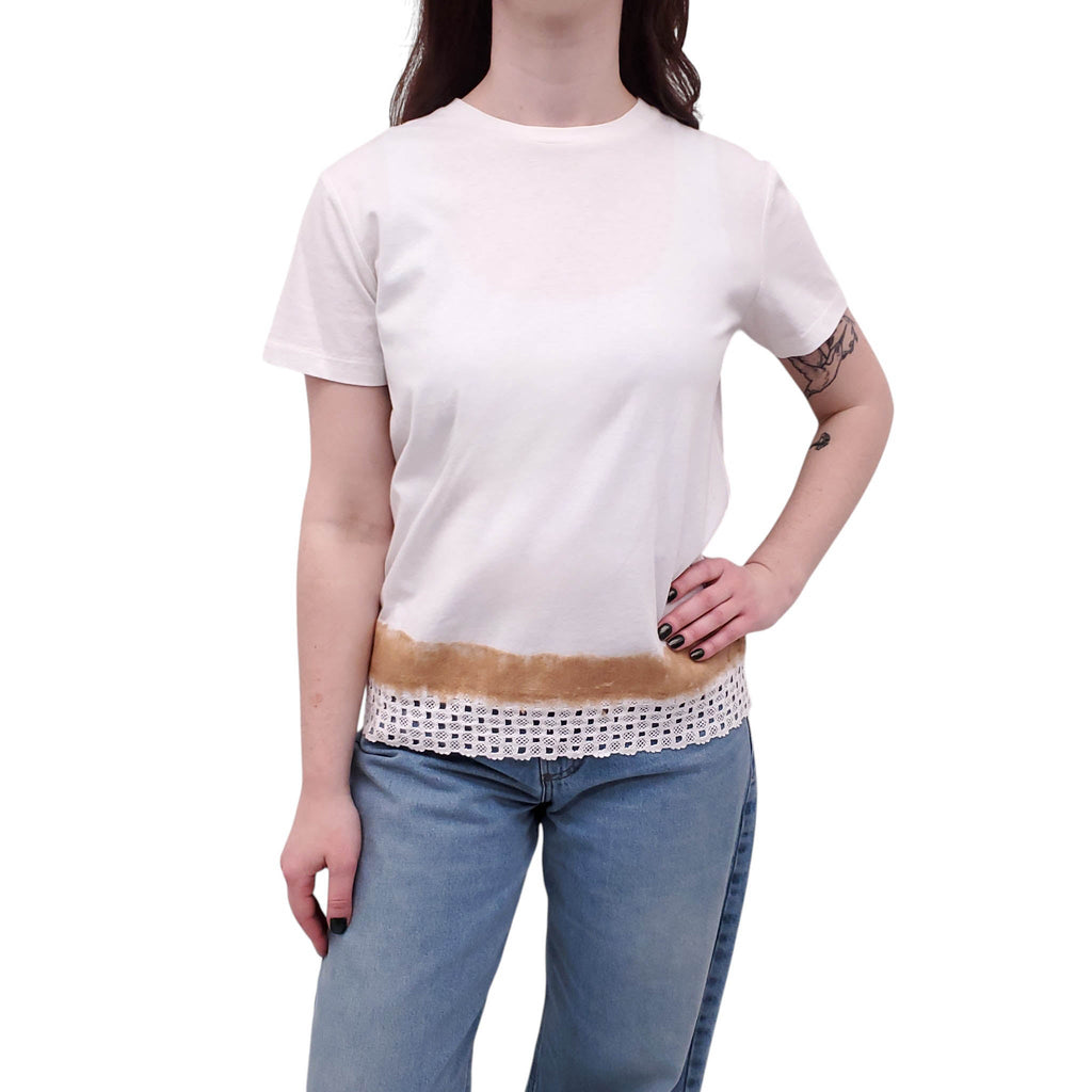 PRADA WHITE T-SHIRT WITH PATTERNED EYELET DETAIL - SIZE XL