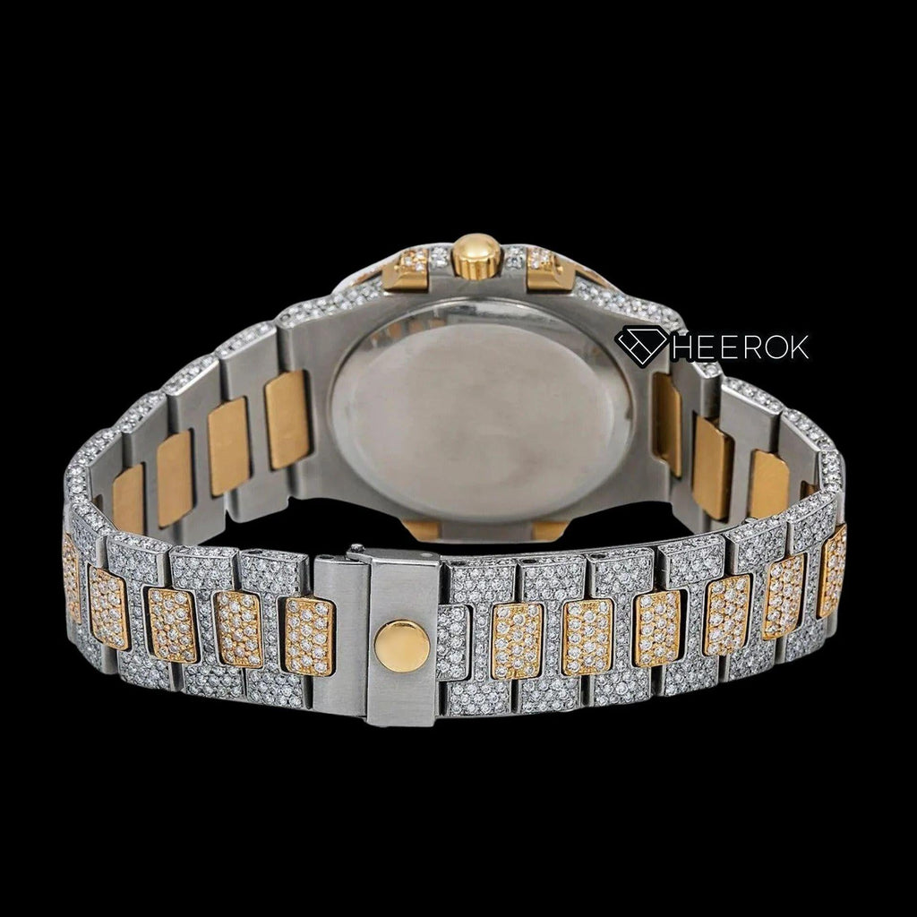 Patek Philippe Nautilus Black Dial Stick Markers Diamond Bezel Two Tone Yellow Gold Moissanite Diamond
