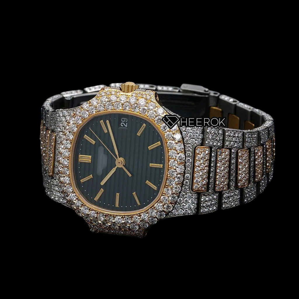 Patek Philippe Nautilus Black Dial Stick Markers Diamond Bezel Two Tone Yellow Gold Moissanite Diamond