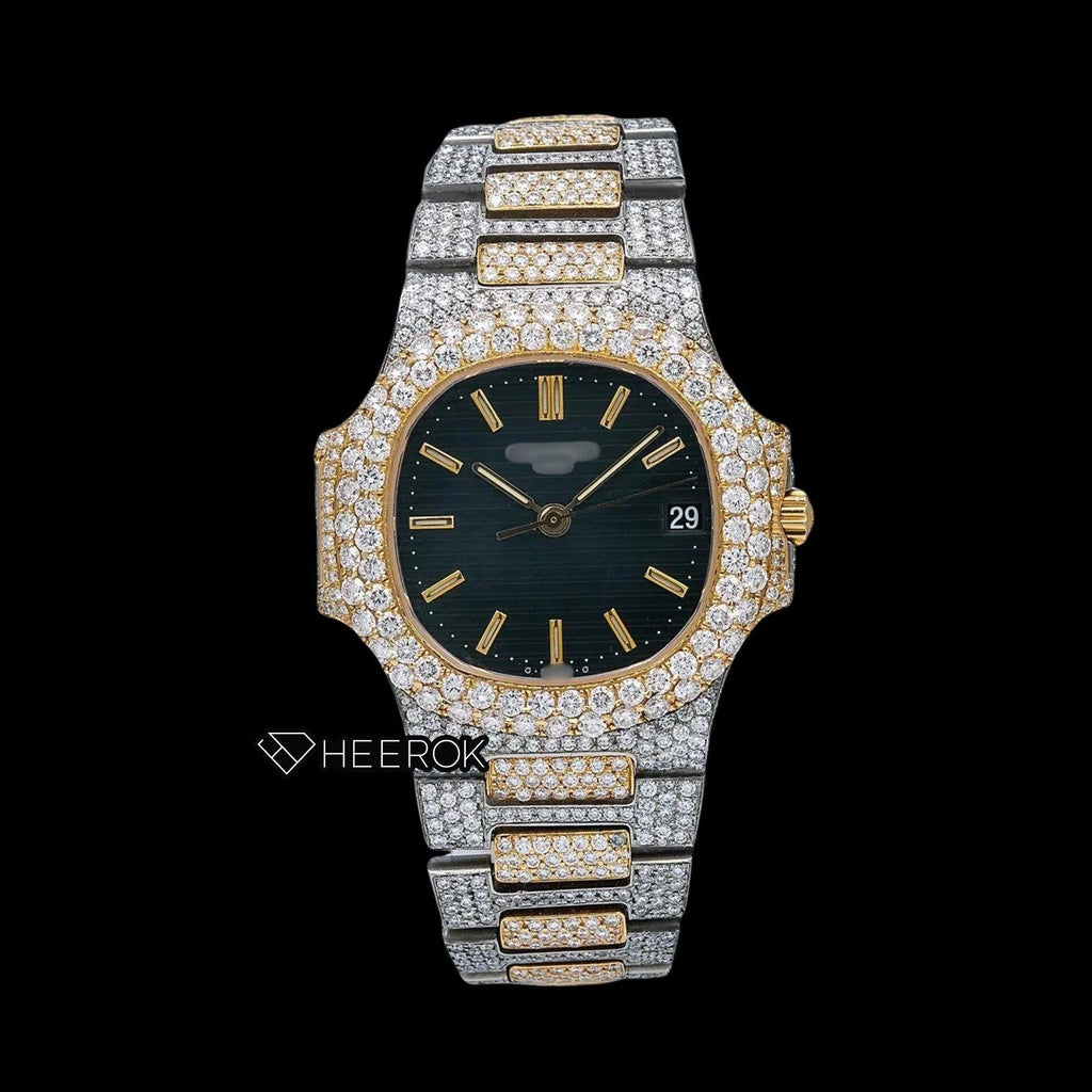 Patek Philippe Nautilus Black Dial Stick Markers Diamond Bezel Two Tone Yellow Gold Moissanite Diamond