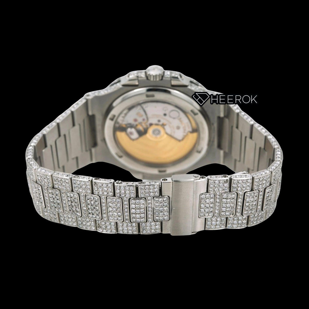 Patek Philippe Nautilus Blue Dial White Stick Markers Diamond Bezel Bust Down Moissanite Diamond