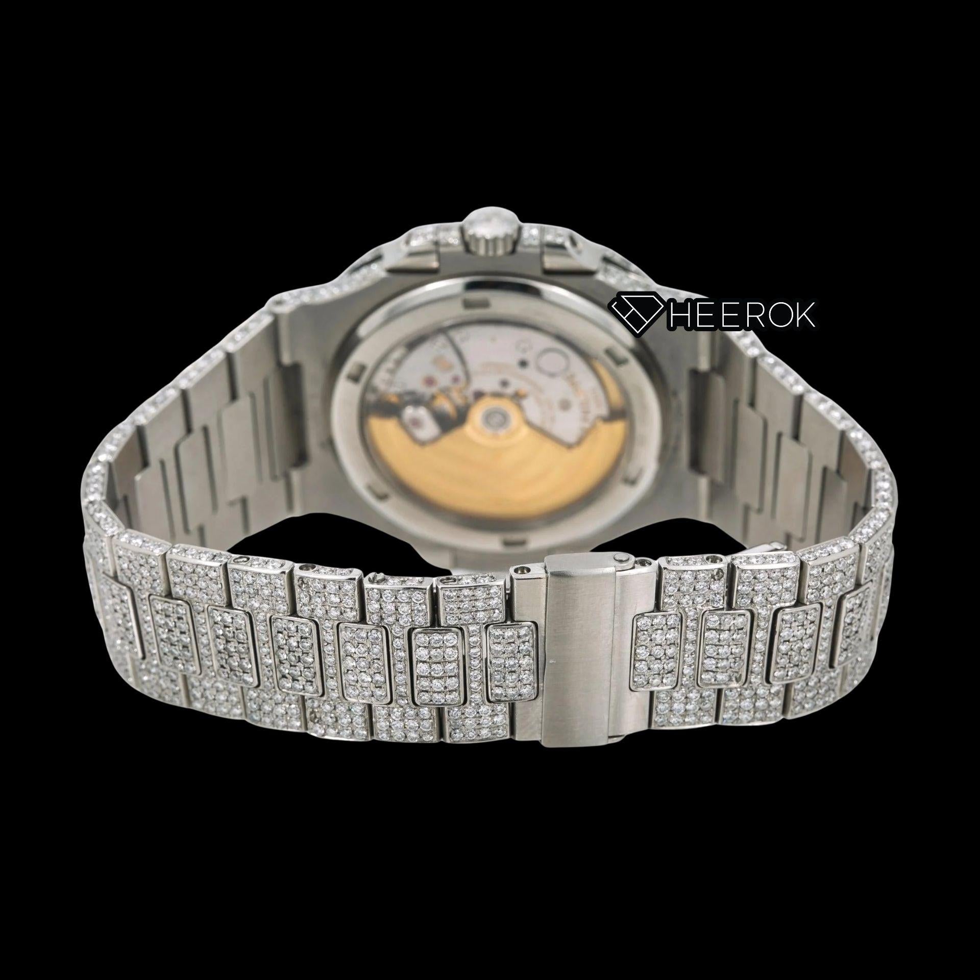 Patek Philippe Nautilus Blue Dial White Stick Markers Diamond Bezel Bust Down Moissanite Diamond