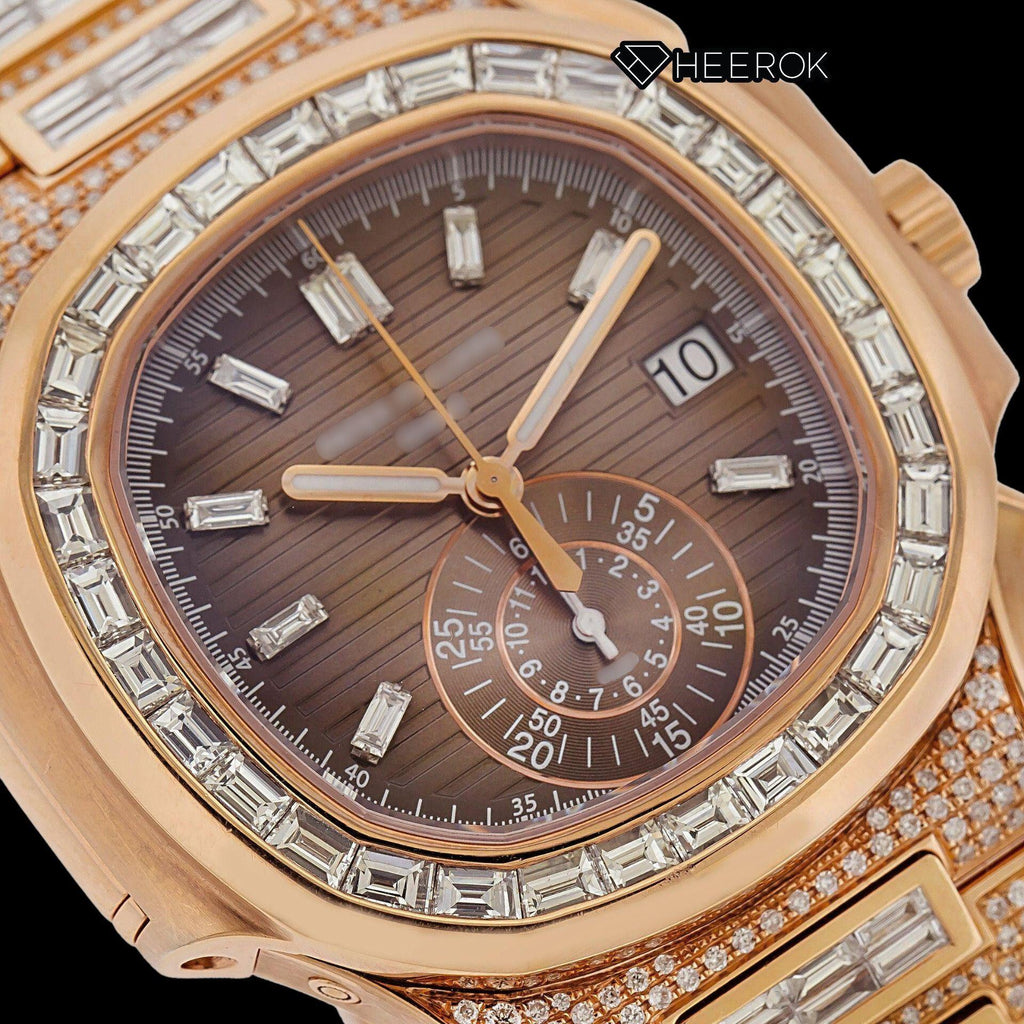 Patek Philippe Nautilus Brown Dial Baguette Diamond Markers Diamond Bezel Rose Gold Moissanite Diamond
