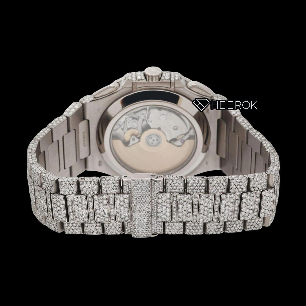 Patek Philippe Nautilus Chronograph Blue Dial Baguette Diamond Markers Diamond Bezel Fully Iced Moissanite Diamond