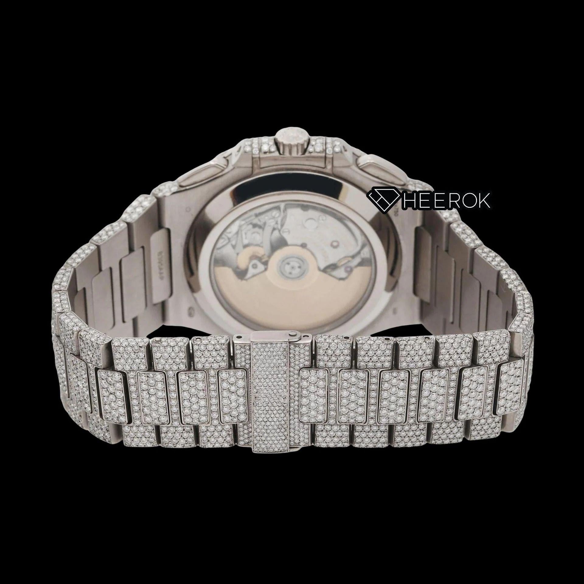 Patek Philippe Nautilus Chronograph Blue Dial Baguette Diamond Markers Diamond Bezel Fully Iced Moissanite Diamond