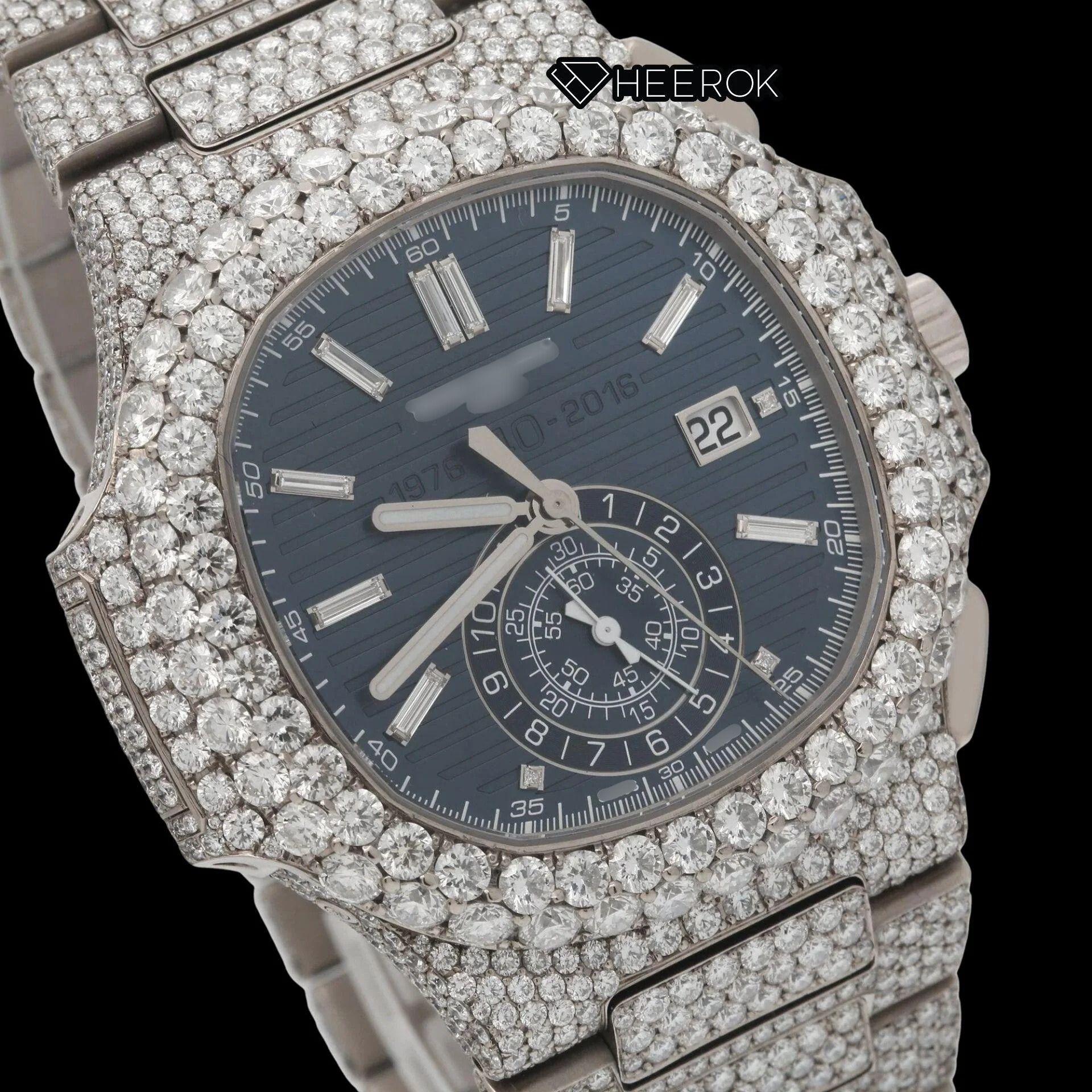 Patek Philippe Nautilus Chronograph Blue Dial Baguette Diamond Markers Diamond Bezel Fully Iced Moissanite Diamond