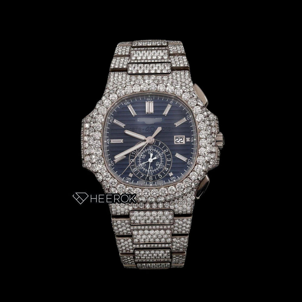 Patek Philippe Nautilus Chronograph Blue Dial Baguette Diamond Markers Diamond Bezel Fully Iced Moissanite Diamond