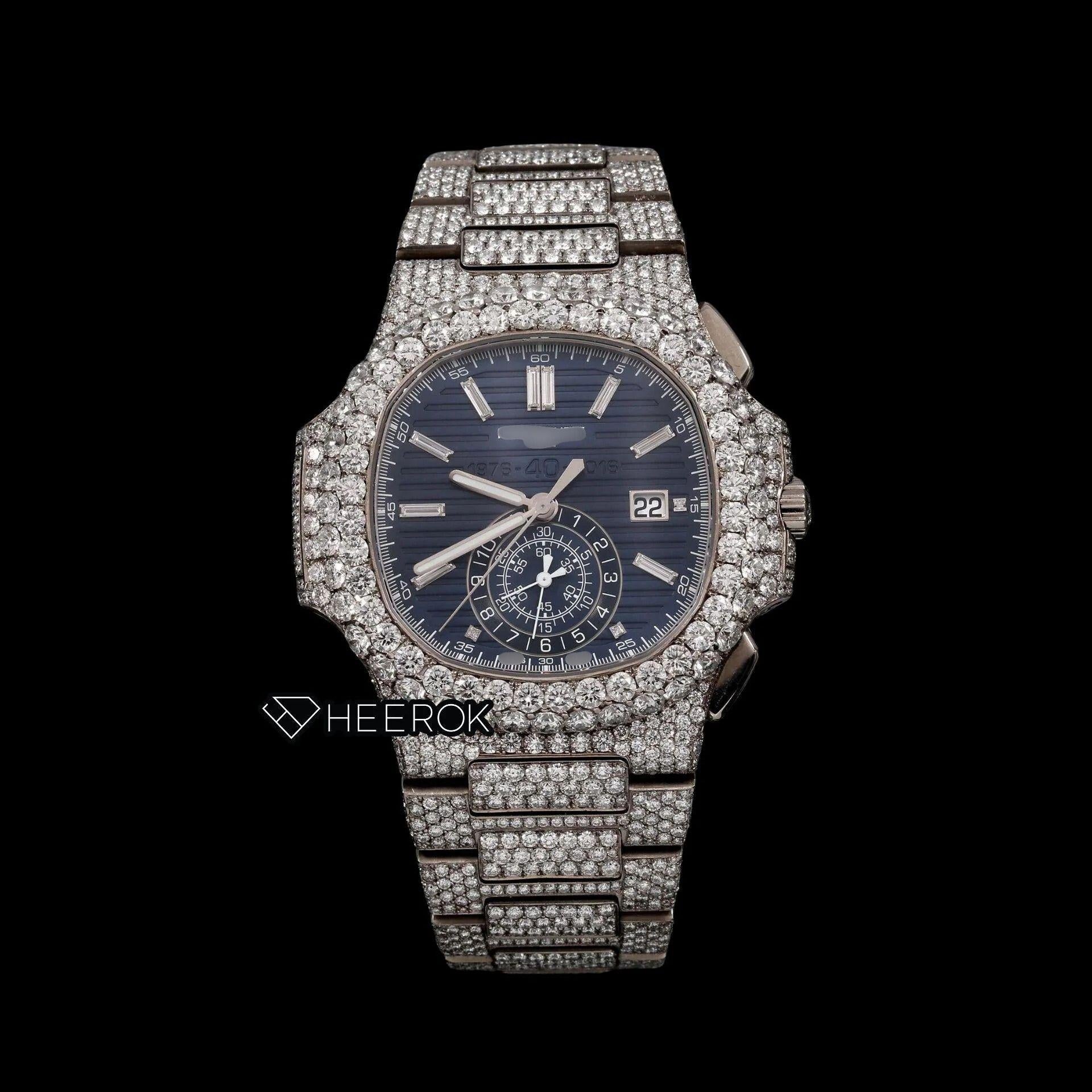 Patek Philippe Nautilus Chronograph Blue Dial Baguette Diamond Markers Diamond Bezel Fully Iced Moissanite Diamond
