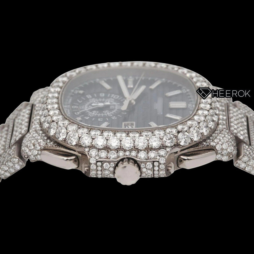 Patek Philippe Nautilus Chronograph Blue Dial Baguette Diamond Markers Diamond Bezel Fully Iced Moissanite Diamond