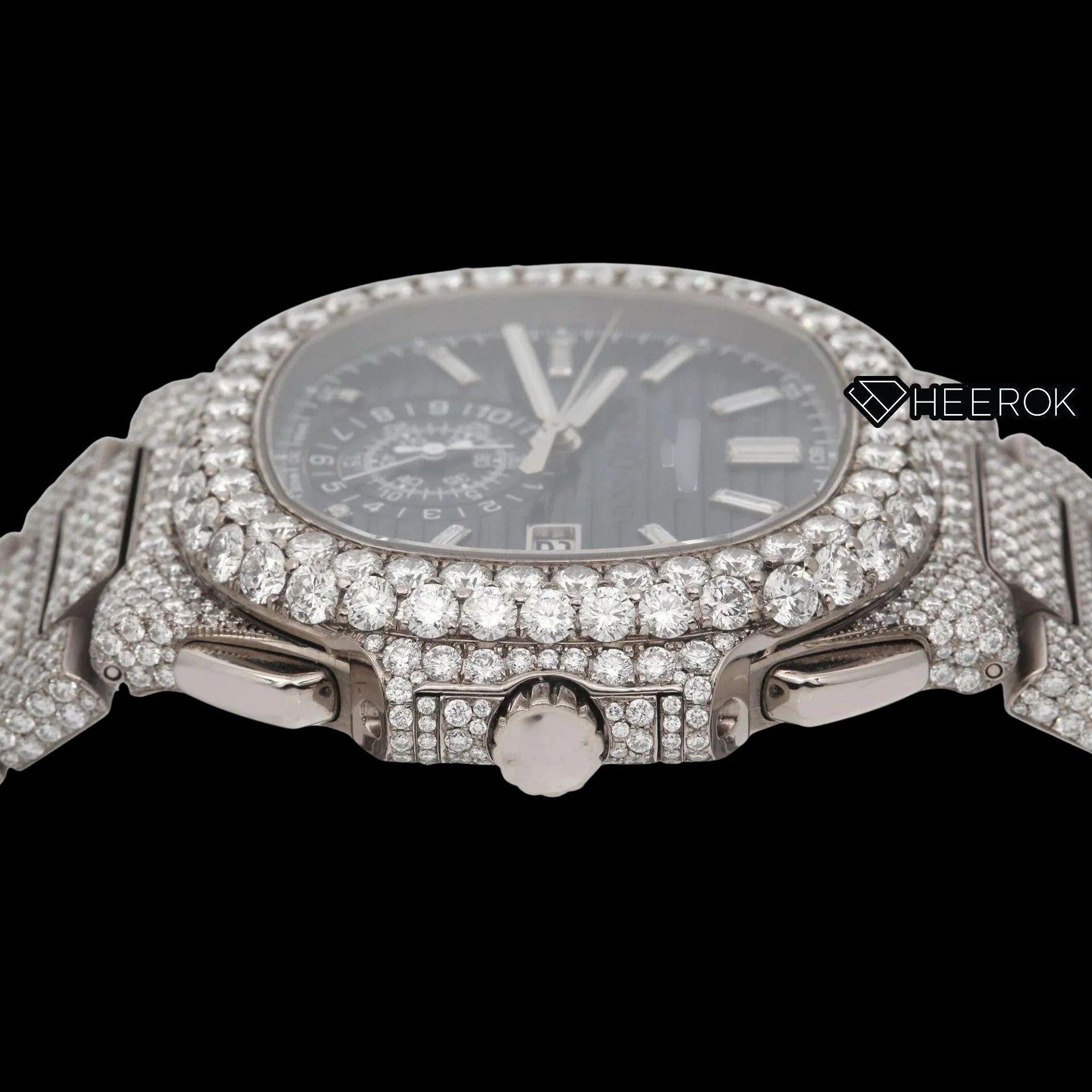Patek Philippe Nautilus Chronograph Blue Dial Baguette Diamond Markers Diamond Bezel Fully Iced Moissanite Diamond
