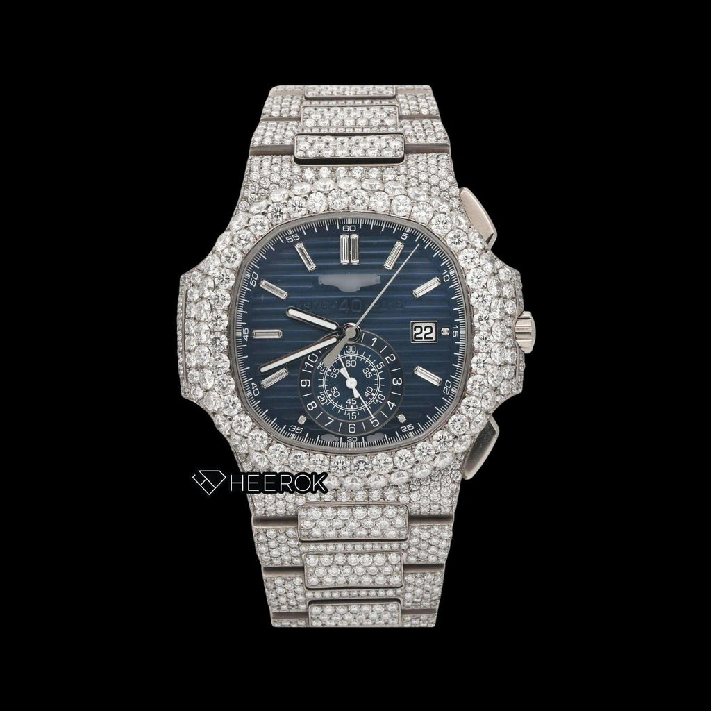 Patek Philippe Nautilus Chronograph Blue Dial Baguette Diamond Markers Diamond Bezel Fully Iced Moissanite Diamond
